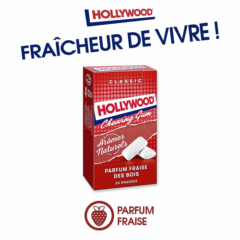 Hollywood Chewing Gum Classic - Parfum Fraise des Bois - Arômes Naturels - Lot de 20 paquets de 20 dragées (28 g)