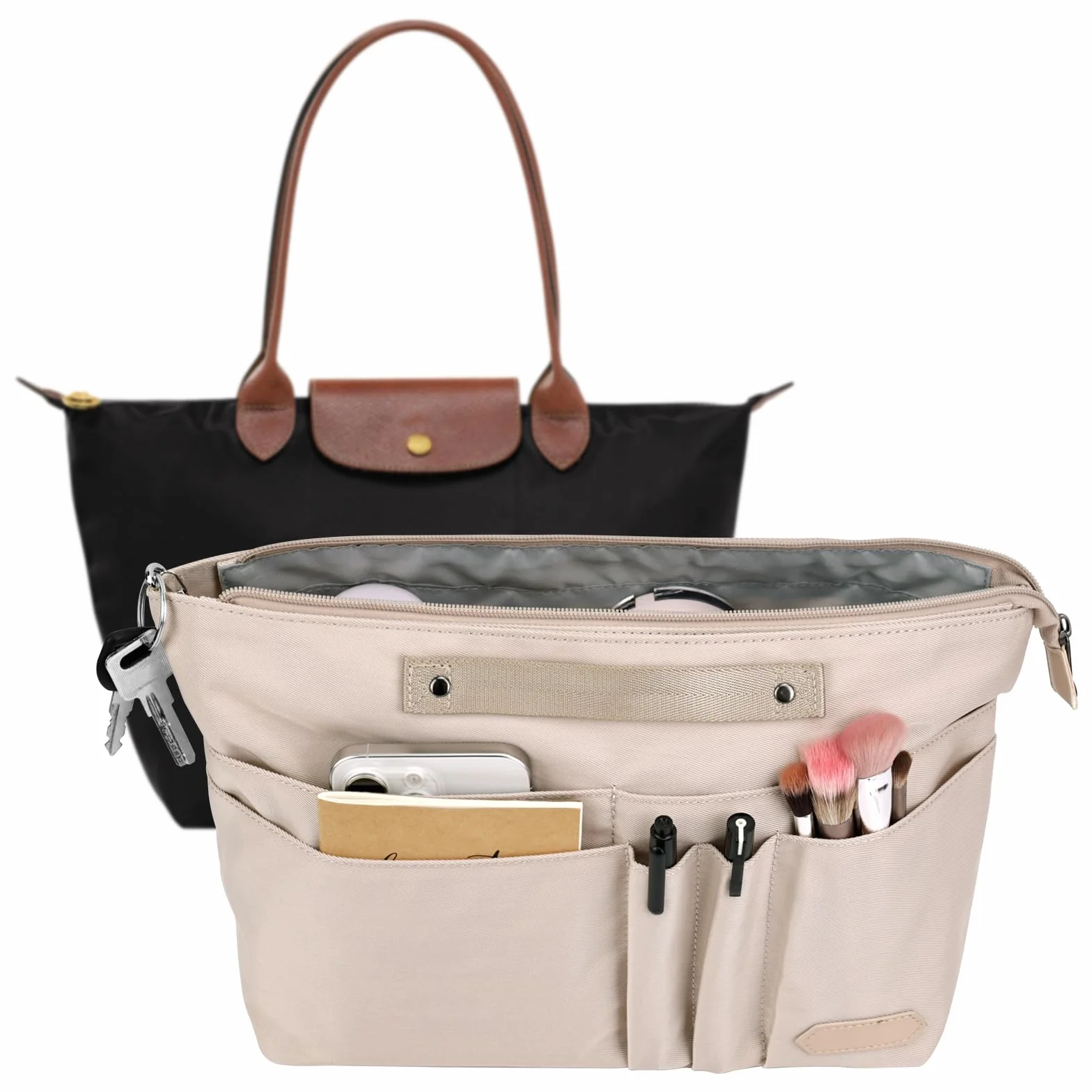GADITIEK Organisateur Sac à Main Polyester avec Fermeture Multi Poches pour Longchamp Sac Pliage Femmes Beige L
