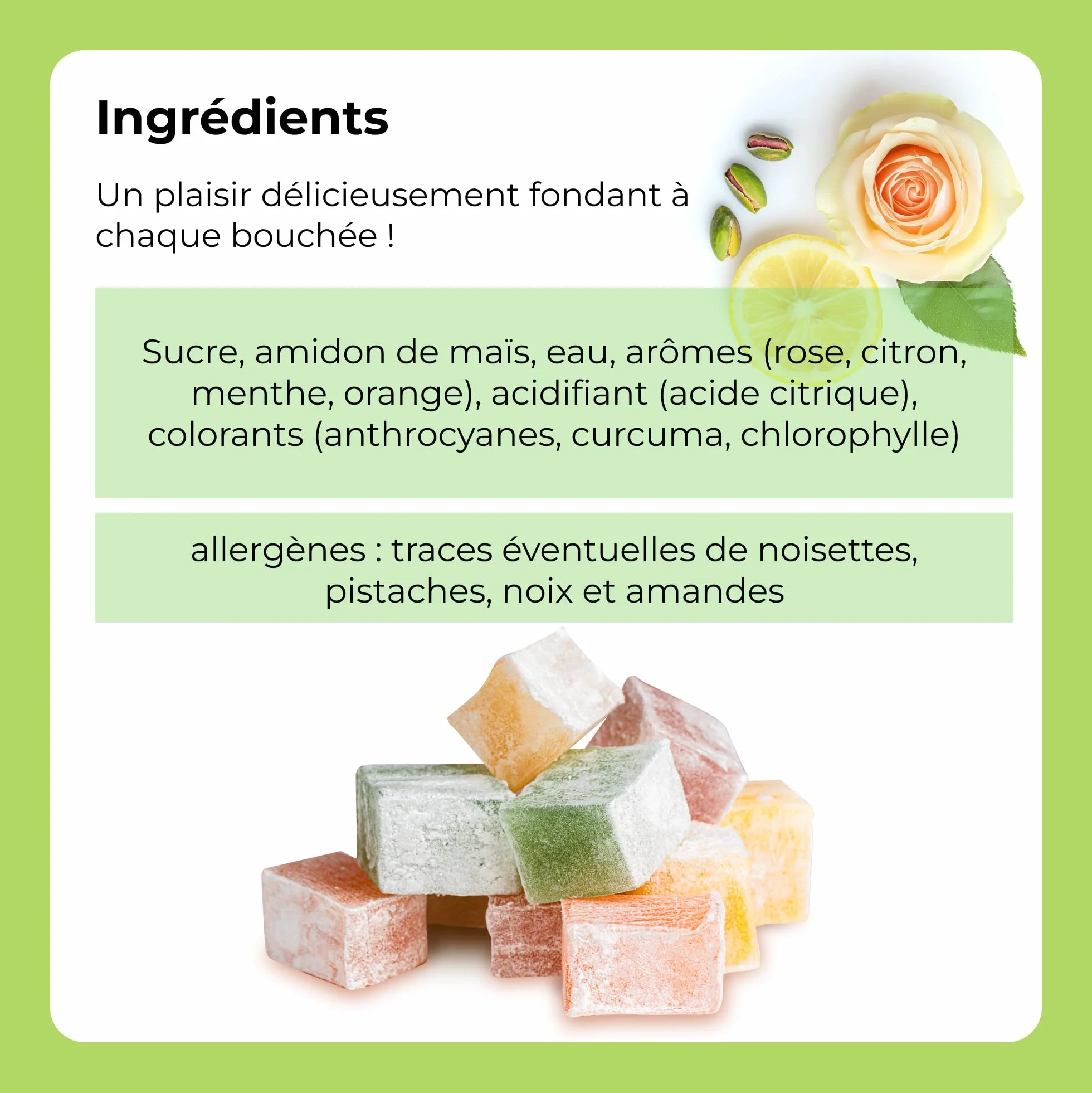 Loukoums aux différentes saveurs 500 g I Délice turc au goût de Rose, citron, orange, menthe | Confiserie traditionnelle | Vegan | Halal | Casher | bonbons mous Dessert Lokum | Sans Gluten