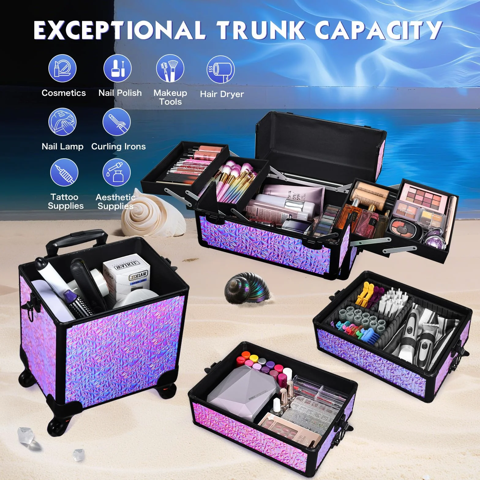 Valise de Maquillage XXL 4-en-1 Cadre Aluminium Violet Dégradé, Mallette Cosmétique Verrouillable à roulettes 360°