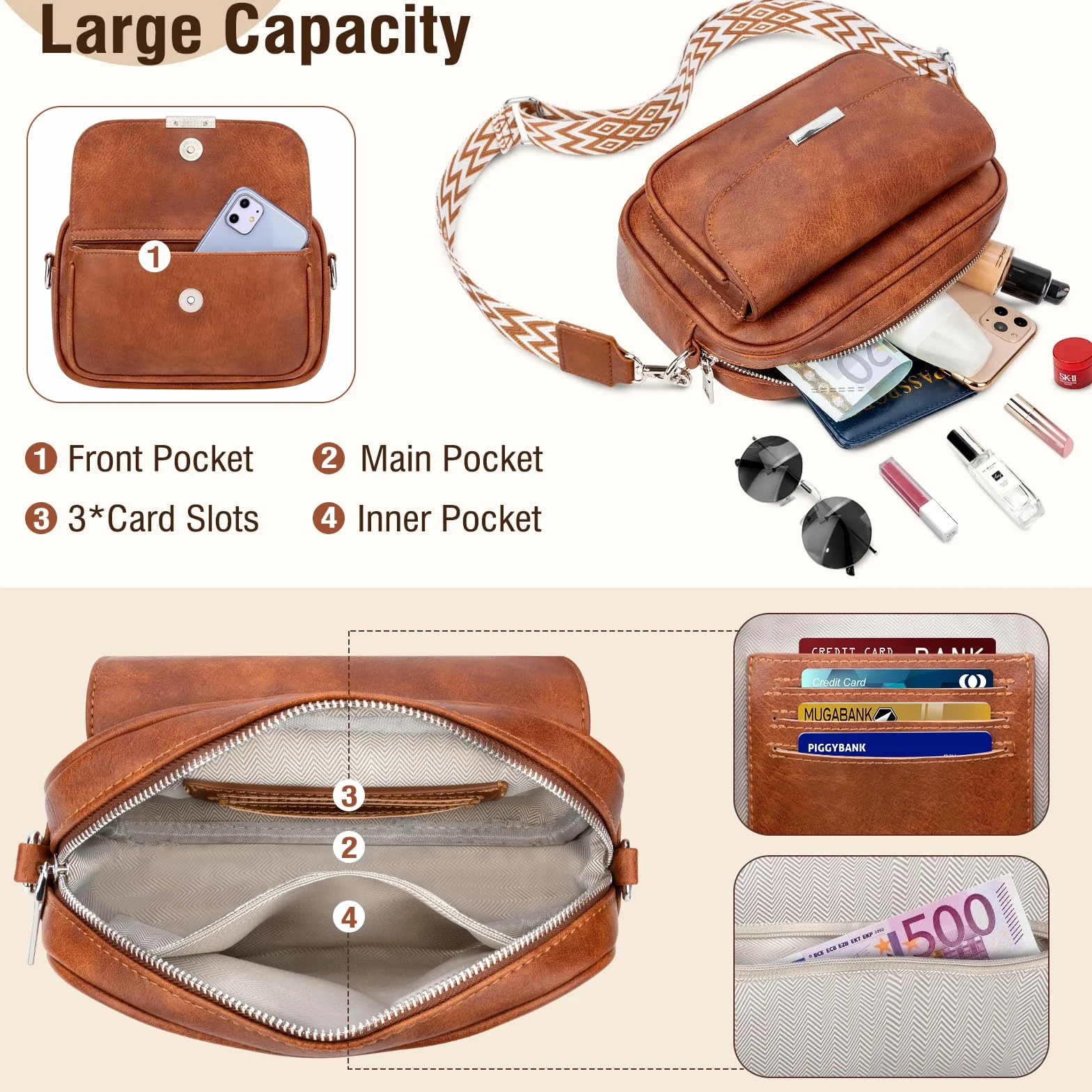 Sac Bandoulière Femme Cuir Pu Pochette Sac à Main Avec Sangle Réglable Amovible