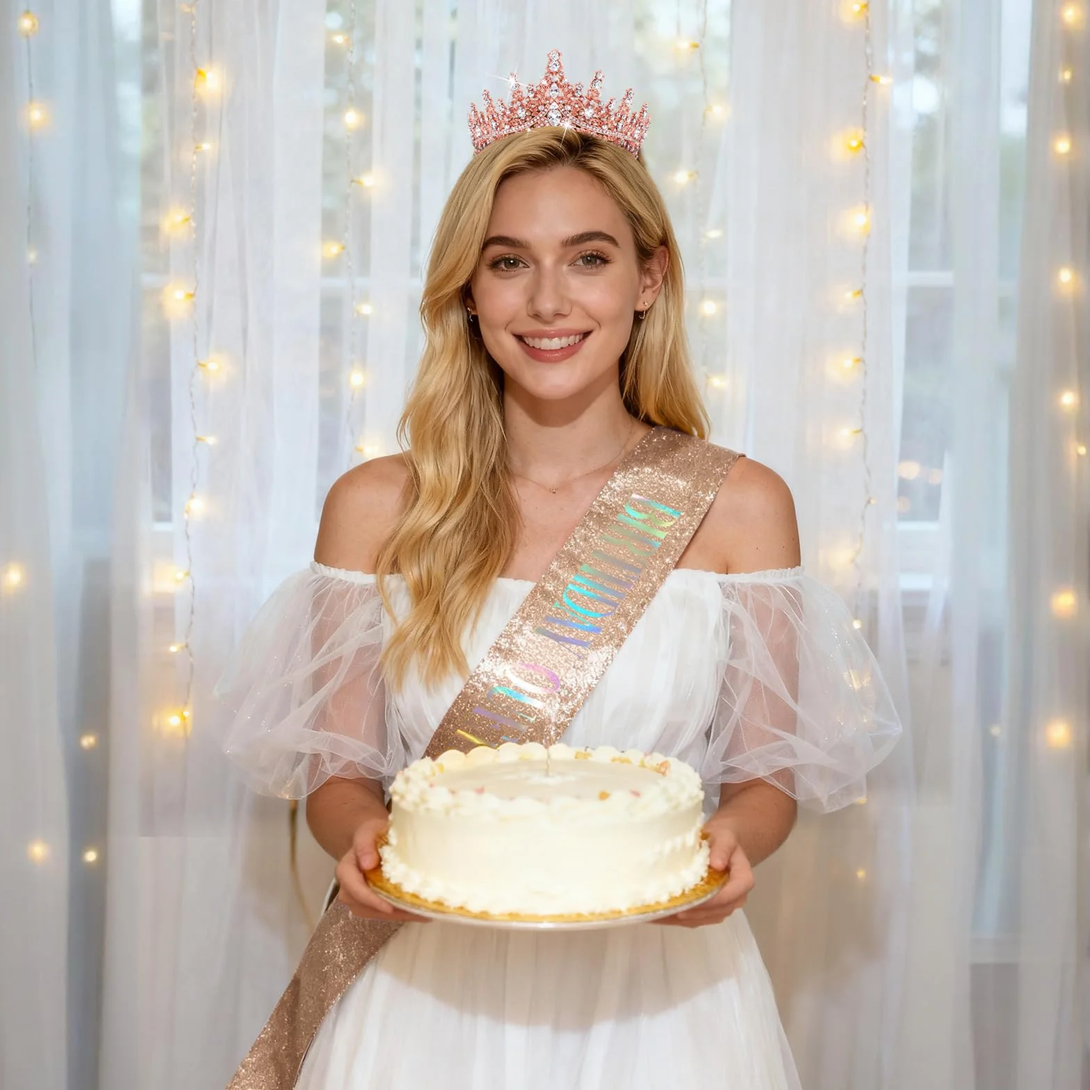 DRESHOW Couronne et Écharpe d'Anniversaire Strass Reine Diadème pour Femmes Filles