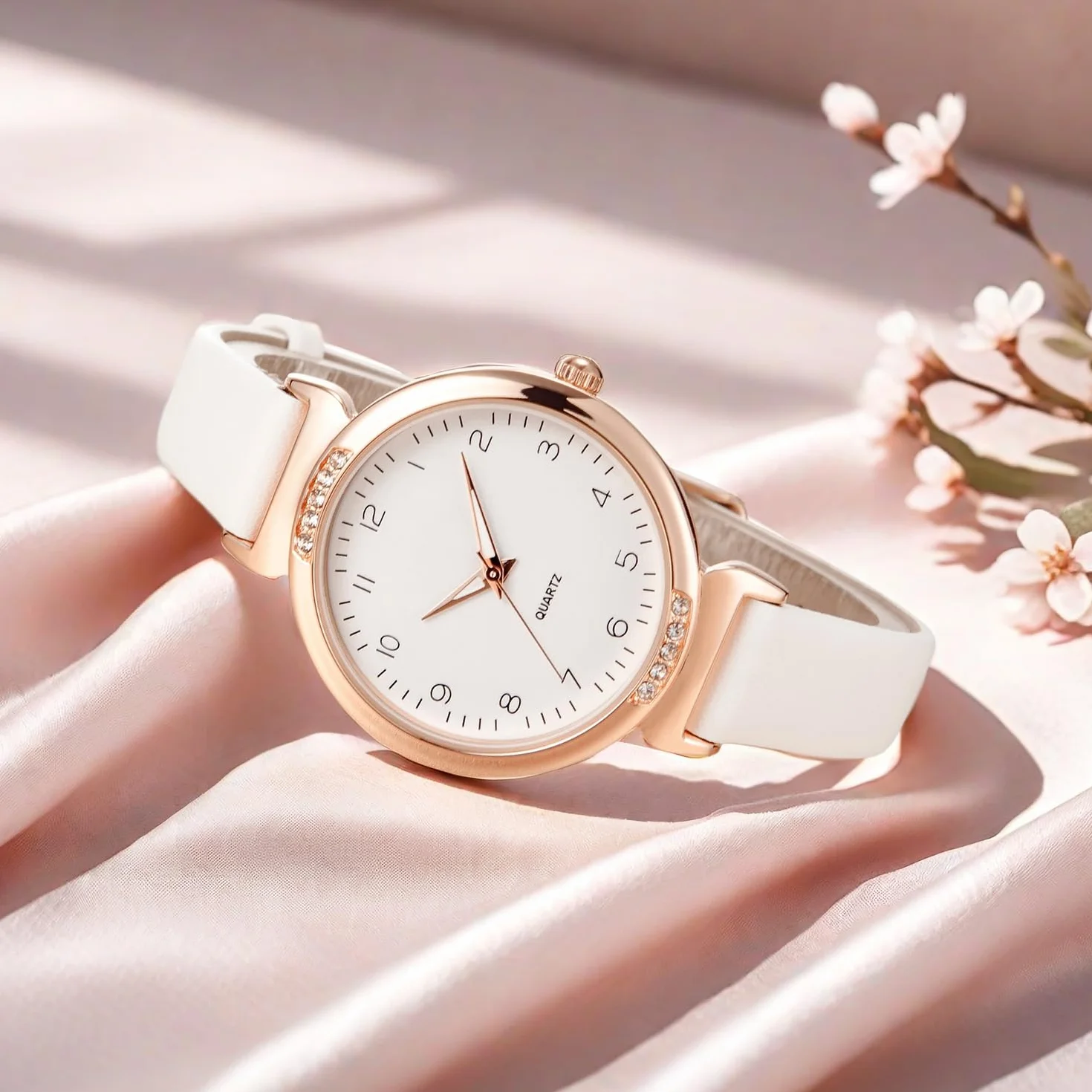 Montre Femme Cuir Or Rose Noir Blanc Quartz Analogique