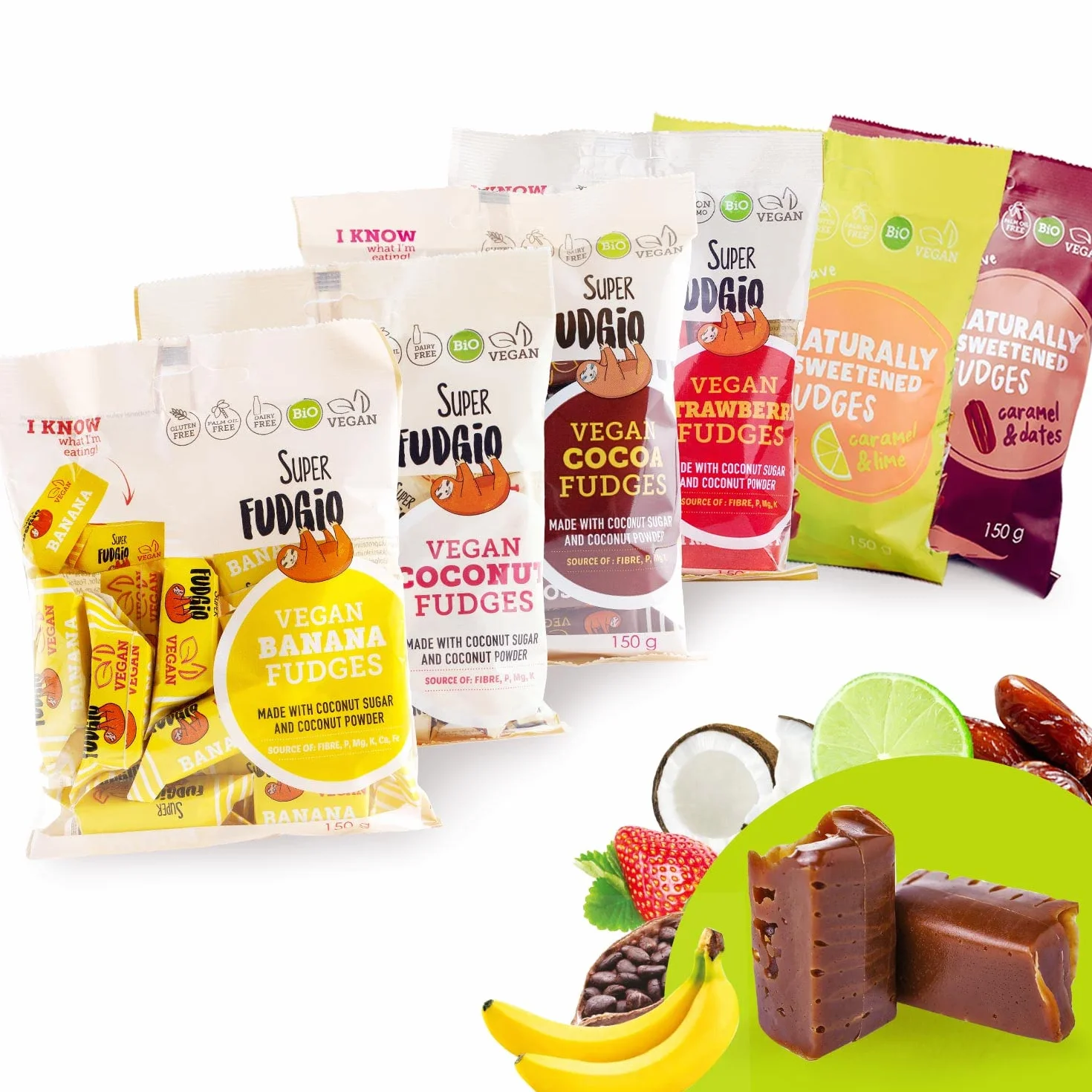SUPER FUDGiO Bonbons bio végétaliens et sans gluten - mix fruité – Bonbon à base d'ingrédients naturels - Avec lait de coco 100 % bio et sucre de noix de coco | Kit Sucré 6 x 150 g