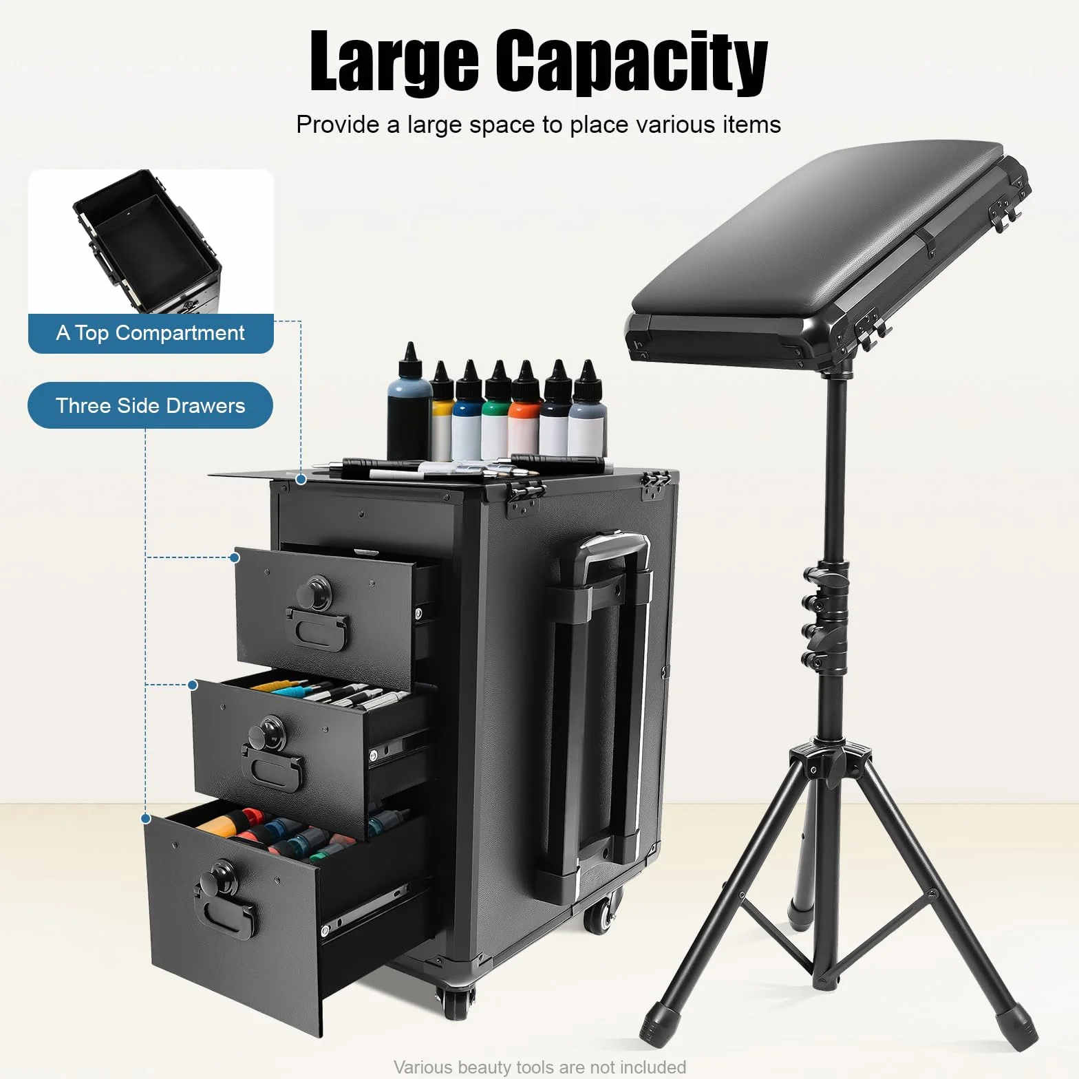 Mallette de maquillage trolley avec 3 tiroirs, serrure à combinaison et support pour accoudoirs