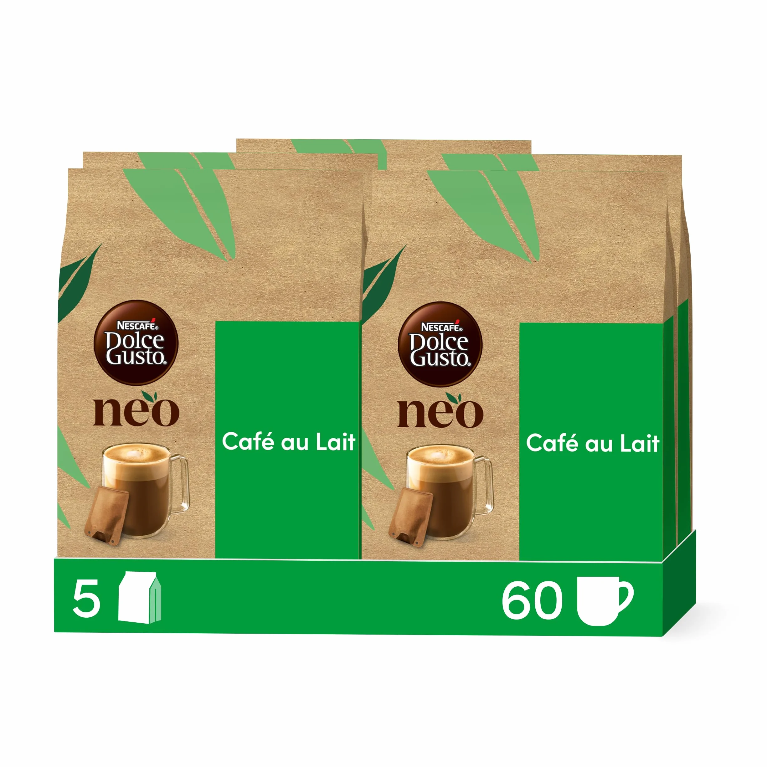 NEO Café au Lait - 60 Dosettes de café (5 boîtes de 12 dosettes) Compatibles uniquement avec les machines à café NESCAFÉ® Dolce Gusto® NEO
