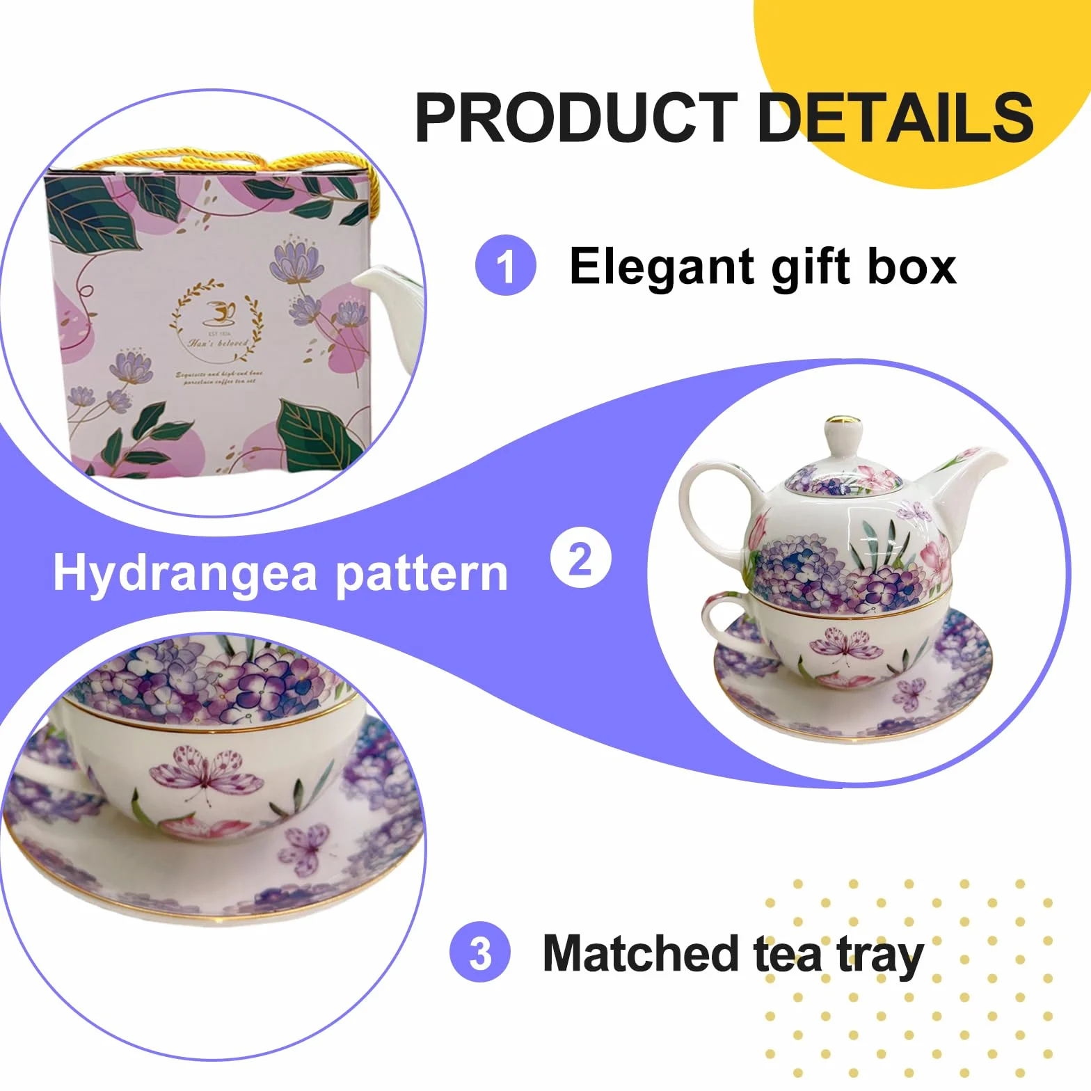 Service à thé pour une personne - Motif floral - Théière en céramique de 400 ml avec tasse de 250 ml - Service à thé en porcelaine pour le thé de l'après-midi - Cadeau pour femme - Vaisselle à café