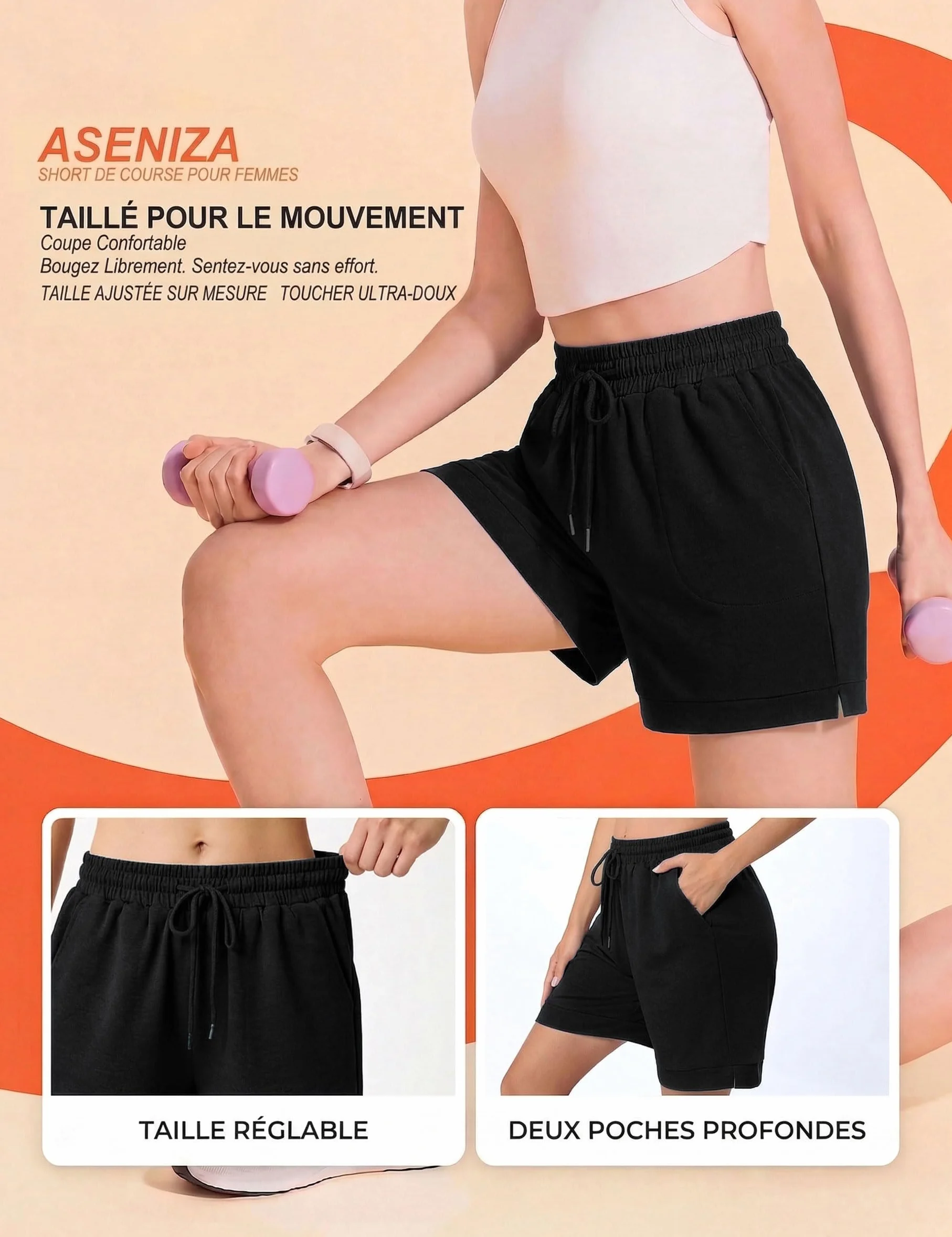 Aseniza Short Sport Femme Baggy Bermuda Shorts Yoga Coton Été Confortable Léger Tennis Course Serrage Poche