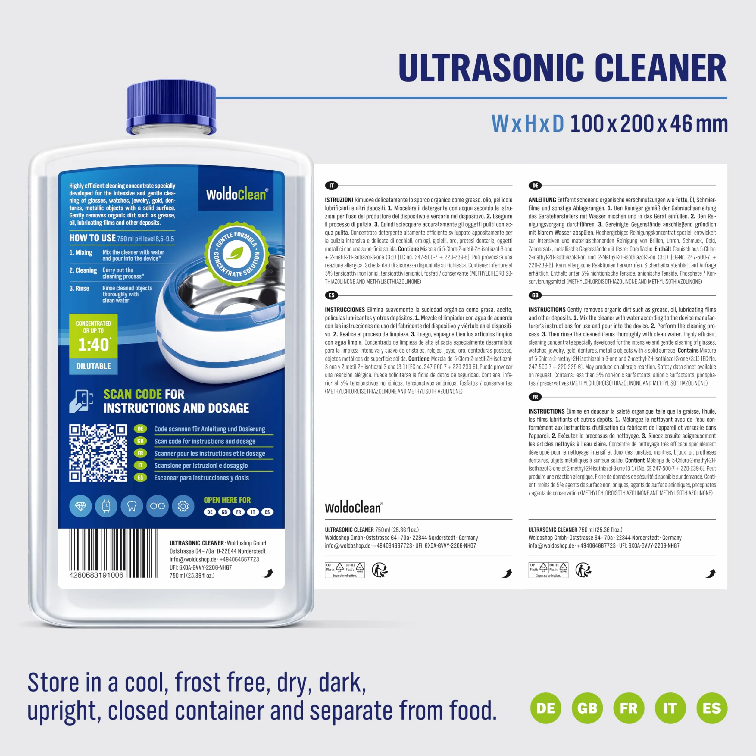 WoldoClean Nettoyant Ultrasons Concentré 750ml - Liquide pour Bac à Ultrasons, Sans Alcool