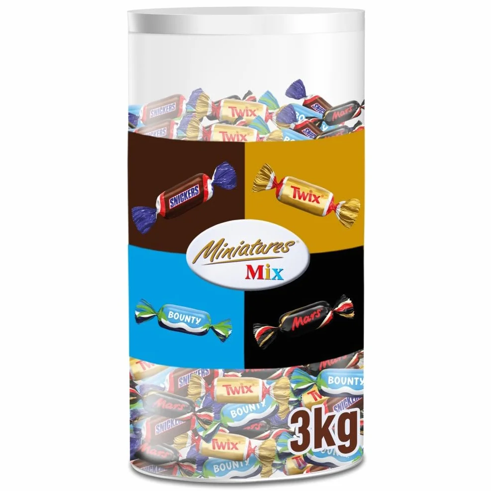MARS, TWIX, SNICKERS, BOUNTY - Assortiment de Mini Barres Chocolatées MINIATURES MIX - Format Maxi 3kg - Chocolats en Vrac à Partager - Boîte Cadeau
