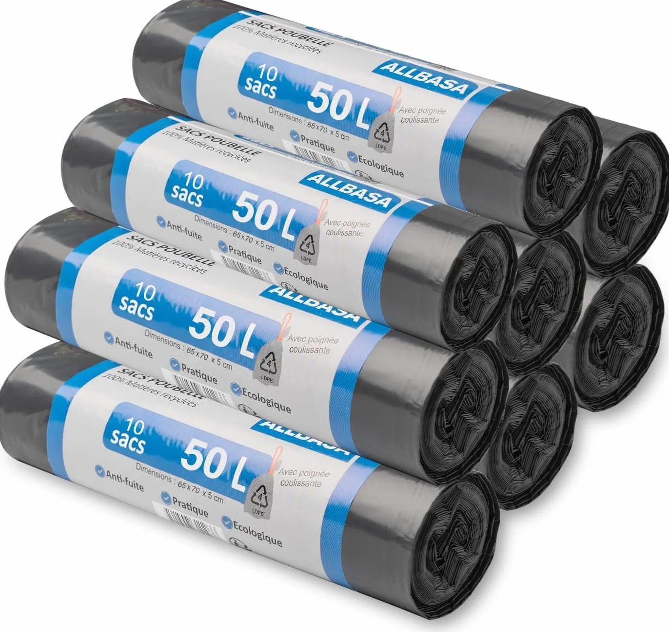 Sac Poubelle ultra résistant, Sacs poubelle à poignées coulissantes,Sacs en Plastique Recyclés Étanchéité maximale (50L(8Paquet))