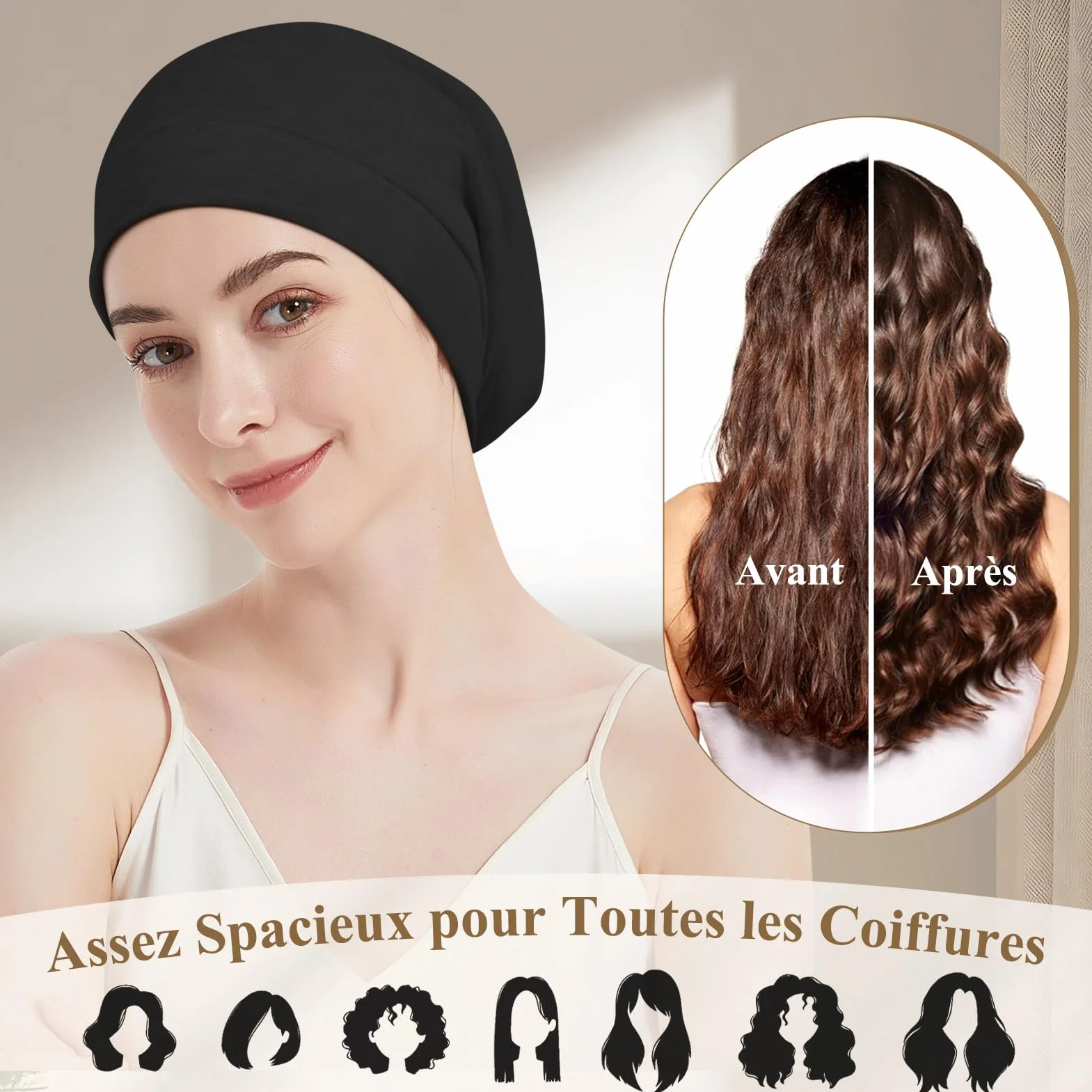 Bonnet Satin Cheveux Nuit Unisexe Slouchy Beanie Doublure Satin Dormir Soin Capillaire Soie Tricoté Doublé Soie