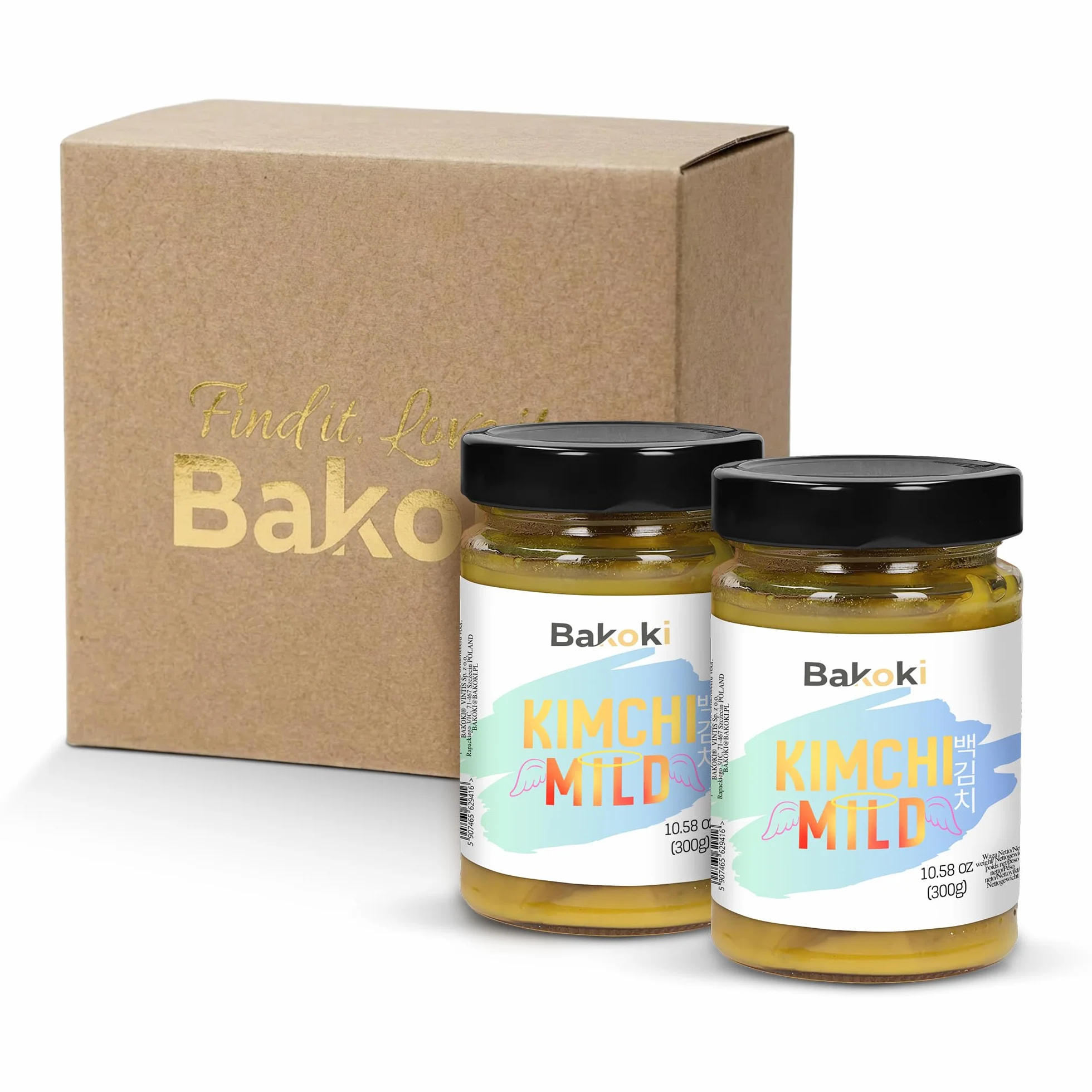 Bakoki 백김치 Baek‑Kimchi – Kimchi doux, sans piment, fermenté de manière traditionnelle au curcuma – 2 × 300 g (idéal pour le déjeuner, les bowls et les accompagnements)