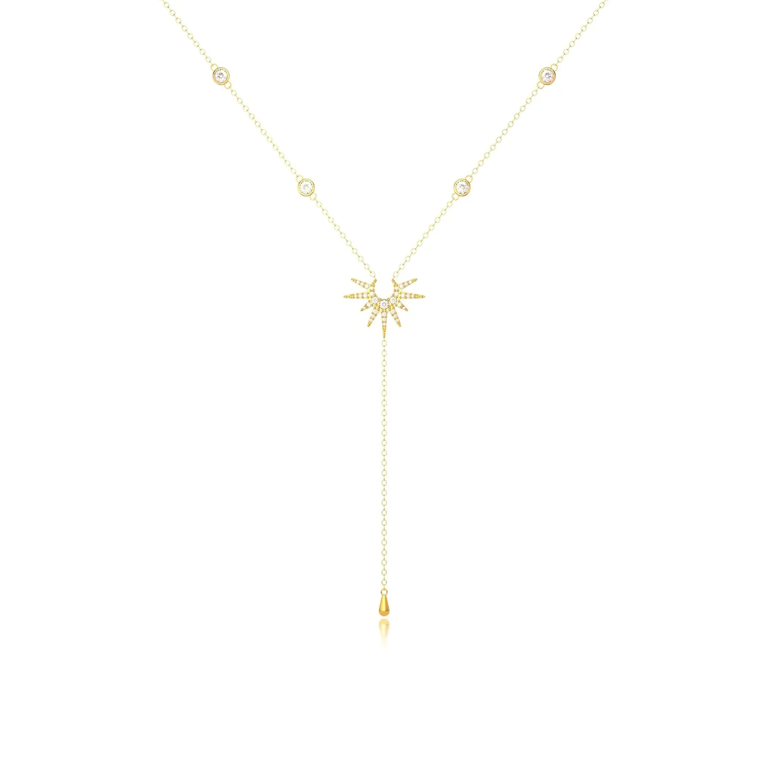 Chaîne longue en Y or 14 carats collier multi-rangs pendentif soleil pour femmes