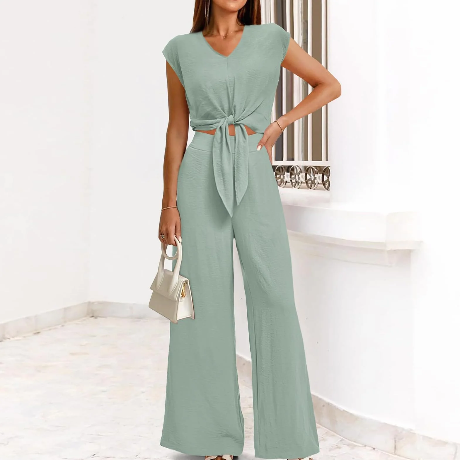Amropi Ensemble Femme Loungewear Set Col en V Manches Courtes Pantalon Large