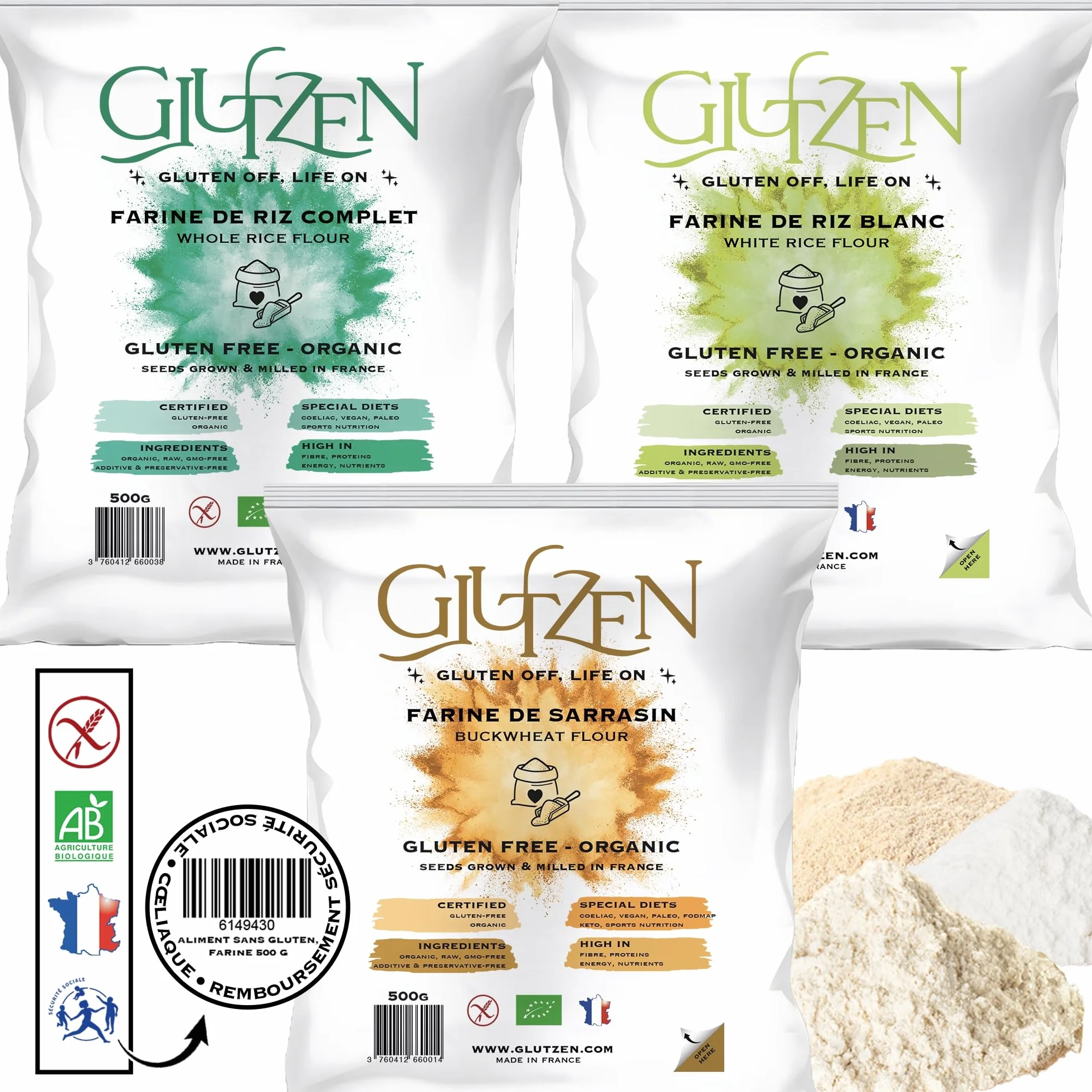 TRIO de farines sans gluten Bio GLUTZEN. 1x farine de sarrasin, 1x farine de riz complet, 1x farine de riz blanc. Cœliaque, Vegan, Keto, Paléo, Sans Allergènes, Protéiné, Sportif.
