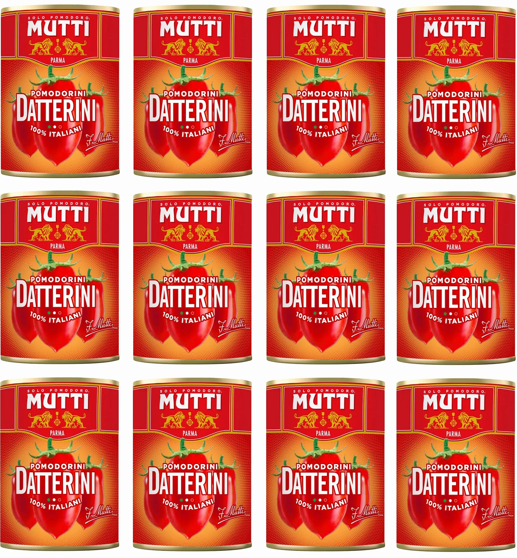 Mutti Pomodorini Datterini Lot de 12 tomates cerises Datterini goût sucré Forme allongée Sauce italienne Tomates 400 g