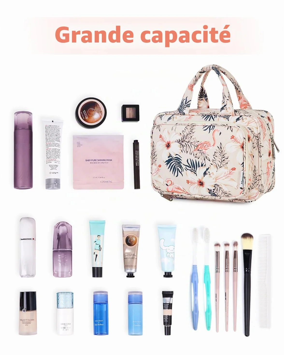Narwey Trousse de Toilette Grande Femme Sac de Voyage Maquillage Organisateur Flamant