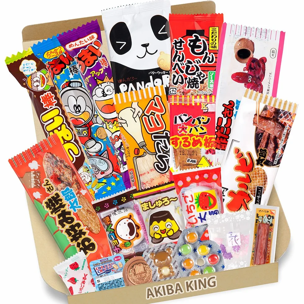 Trial Japonais Candy Dagashi Boîte 20 pcs Umaibo Snack Gumi pomme de terre Chip Kitty chocolat w / AKIBA KING Autocollant