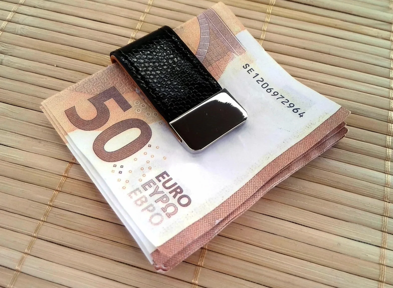 Pince à billets en cuir acier inoxydable Noir marron 55mm x 25mm