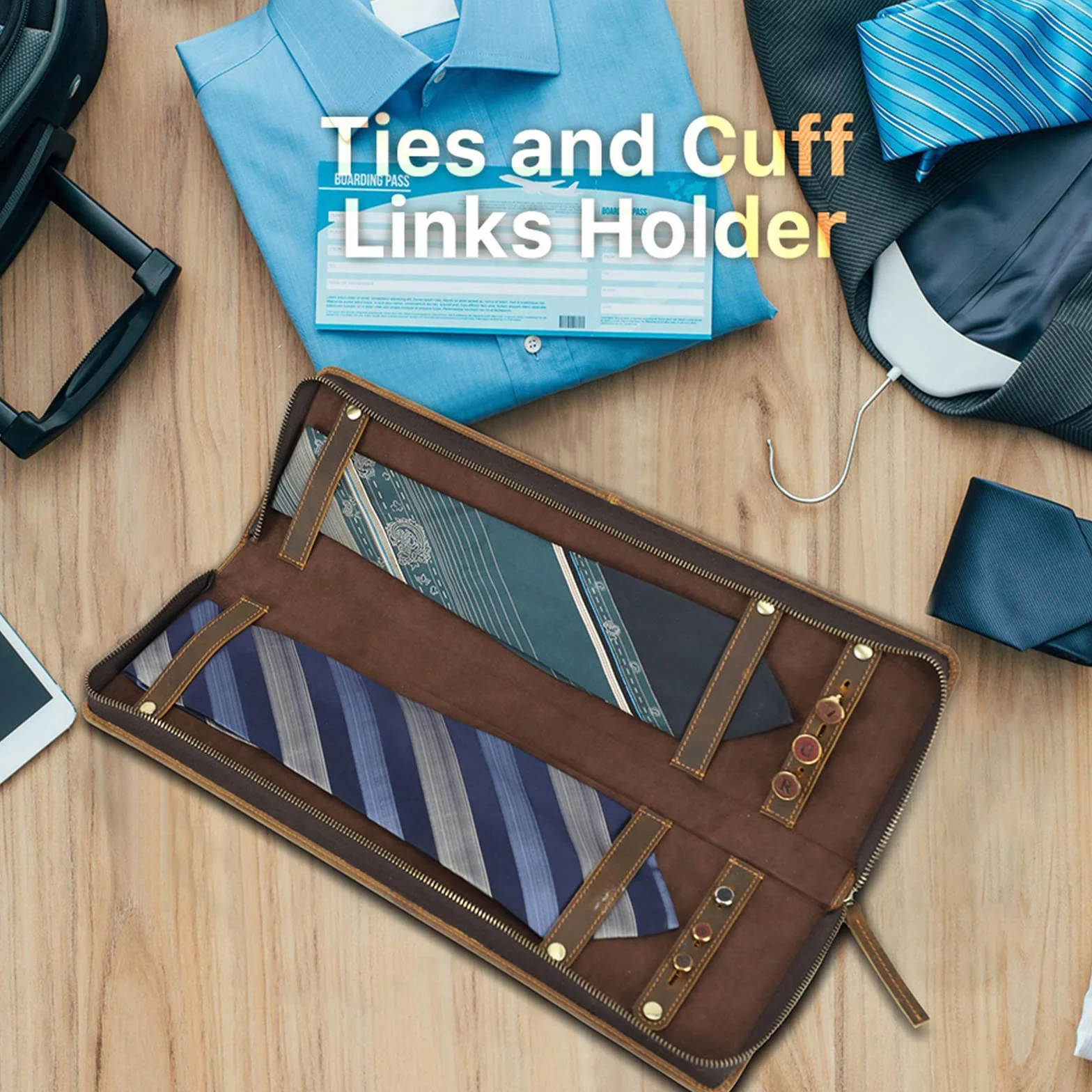 Hiram Étui à cravate en cuir véritable Portable Pour 2 cravates Voyageurs d'affaires