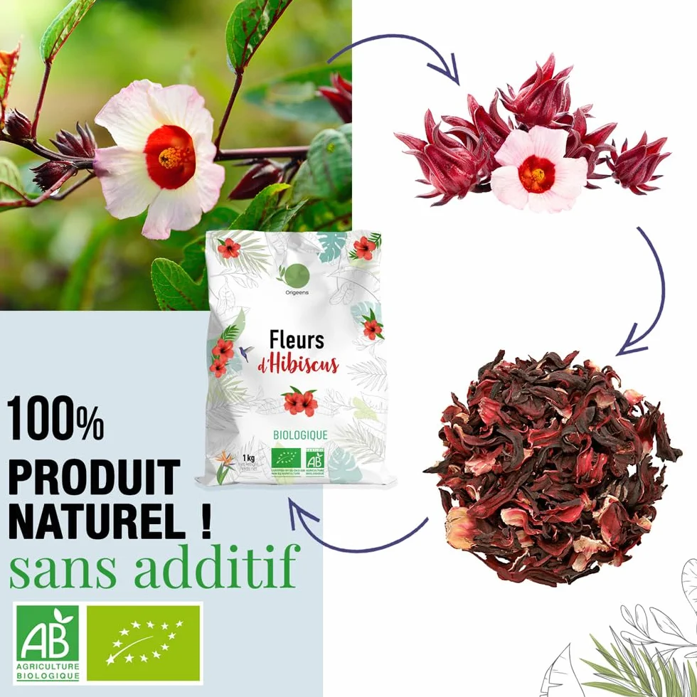 ORIGEENS HIBISCUS BIO 1kg Grade Supérieur | Fleur Hibiscus pour Bissap, Karkadé, Thé glacé, Infusion et Tisane | Infusion Detox Drainante | Fleurs d'Hibiscus Séchées Bio