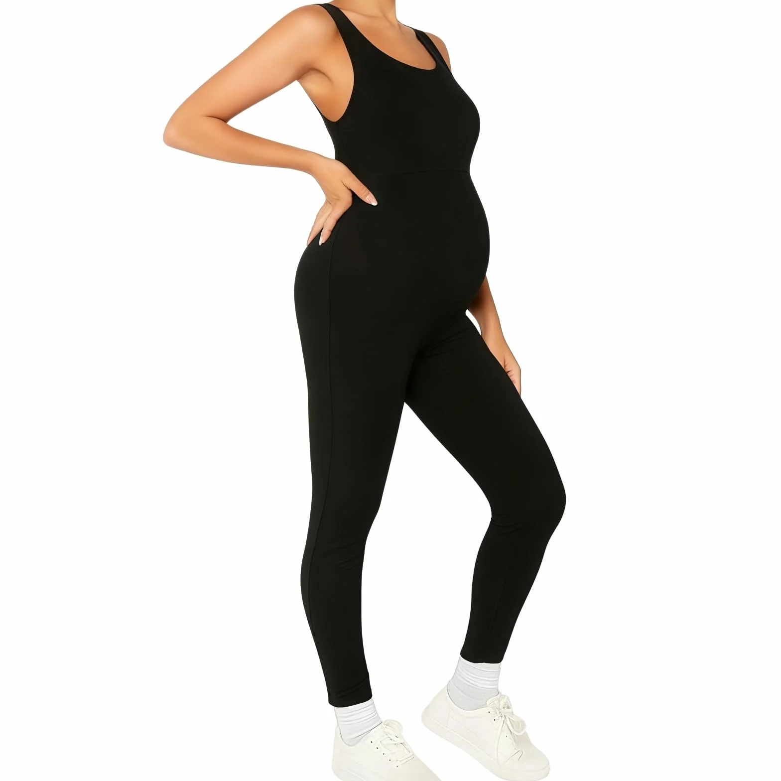 Combinaison de Grossesse sans Manche Noire Yoga Legging Body sans Couture Col U Longueur Totale Combinaison Sport Ajustée