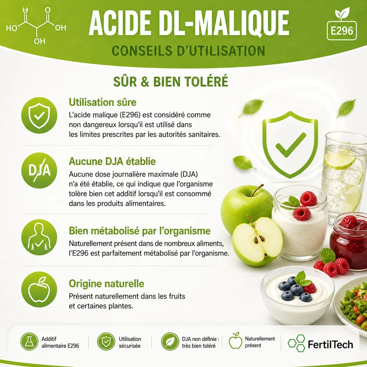 FertilTech Acide Malique Alimentaire 750 g Acidifiant Naturel Qualité Alimentaire Pour Boissons Confiseries et Pâtisseries Goût Acidulé Fruité Convient aux Recettes Maison Formule Vegan