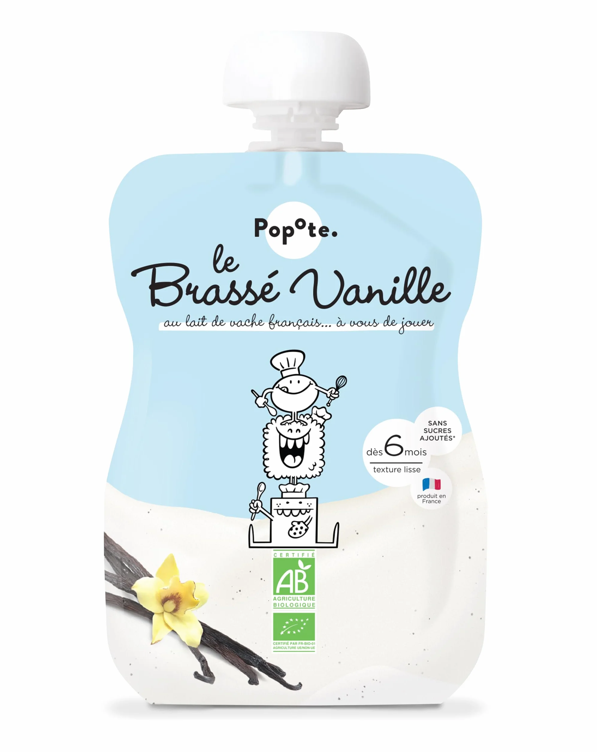 POPOTE - Brassé Vanille Bio Bébé 100 g - Dès 6 Mois - Gourde Individuelle - Texture Onctueuse - Lait de Vache Sans Sucres Ajoutés - Format Pratique à Emporter - Pack Familial 10 x 100 g