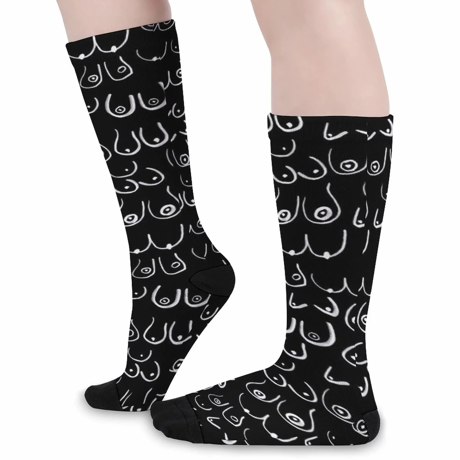 Chaussettes unisexes drôles motif seins noir et blanc mi-mollet sport longues homme femme taille unique