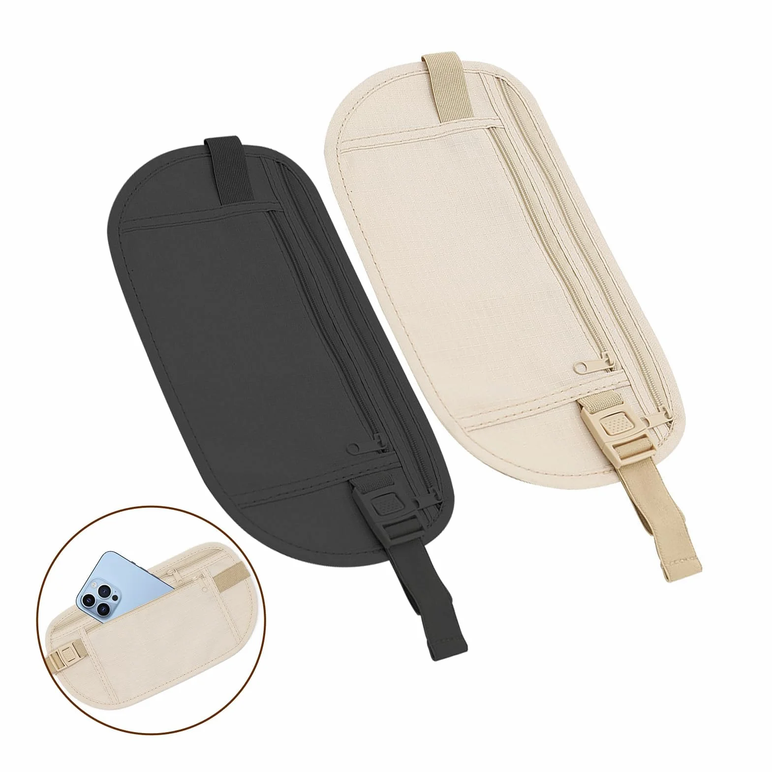 Ceinture Cache Billets RFID avec Pochette Secrète, Sac Banane Plat Ultralégère Réglable pour Homme Femme Voyage