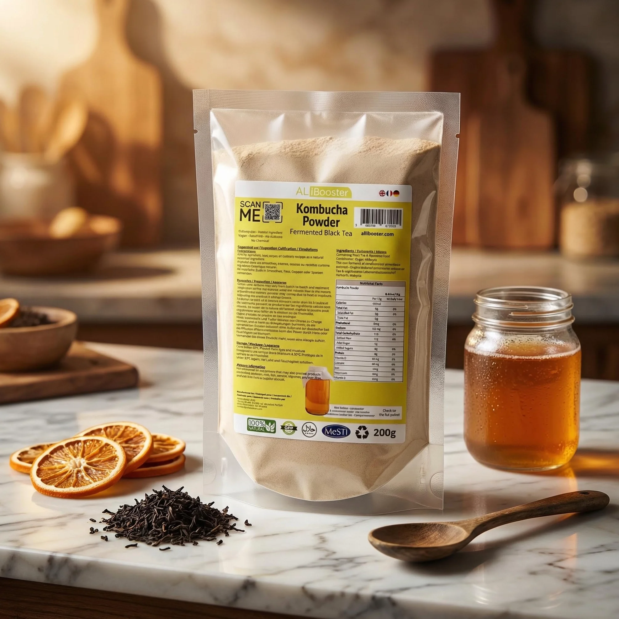 Extrait de thé noir fermenté Camellia sinensis Kombucha - Poudre 200g pur 100% naturel sans additif - Pour soupe, smoothies, café, boissons, pâtisseries