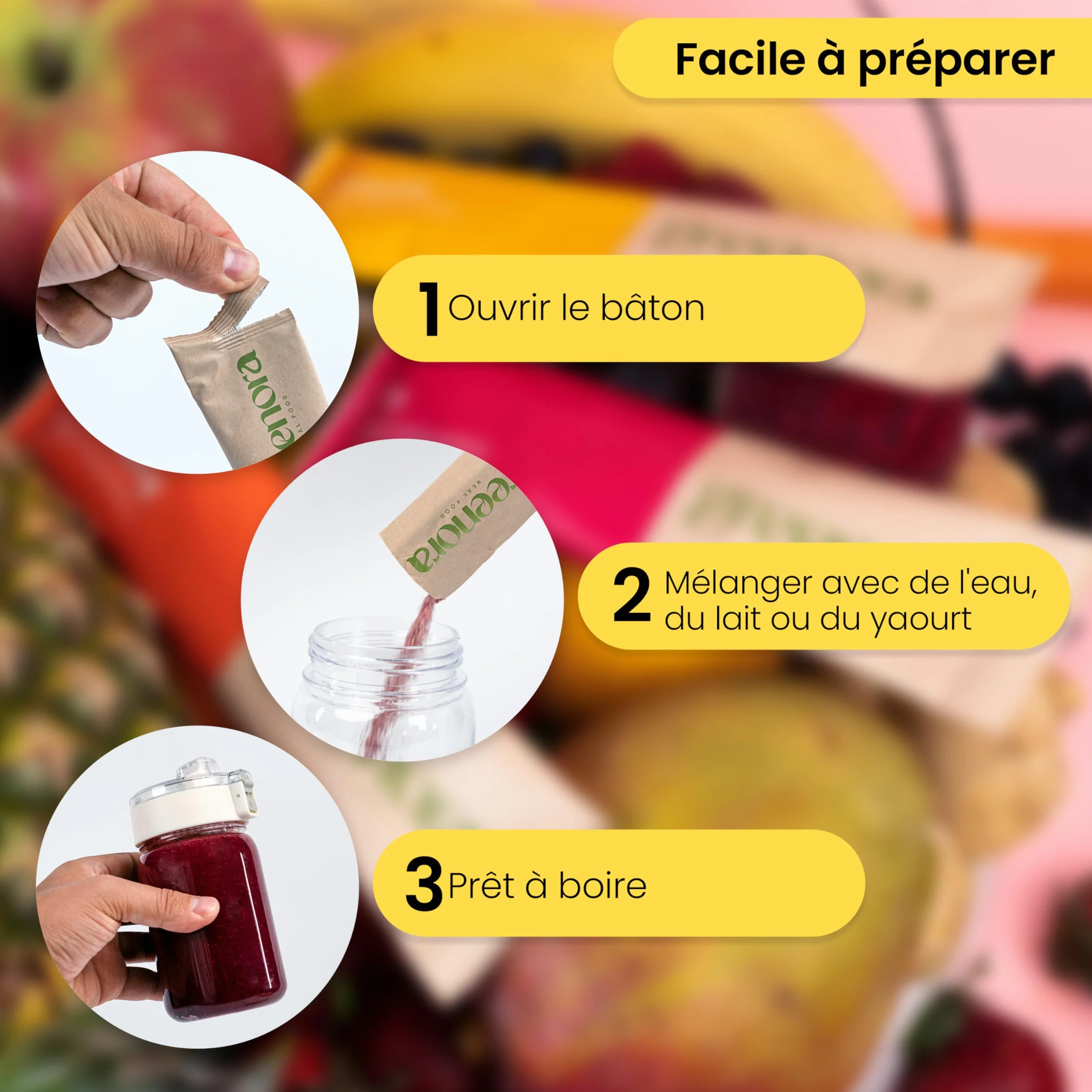 GREENORA Shaker + Smoothie Bowl Fruits Lyophilisés Poudre 100% Naturel. Banane Pêche Datte Myrtilles Betterave Framboise. Séchée Déshydratée. 4x24g
