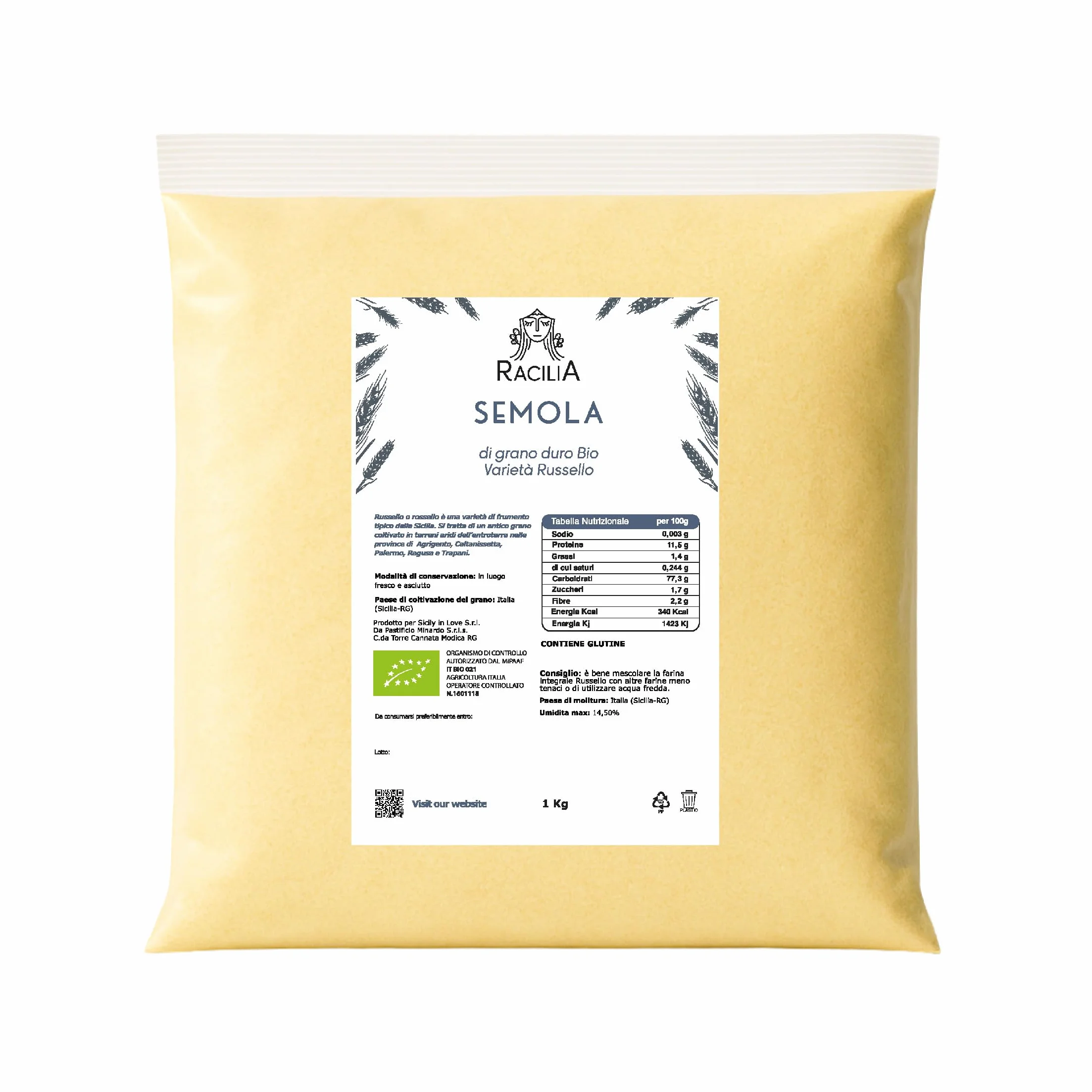 Farine de Semoule de Blé Dur Biologique Russello - 100% Blé Ancien Sicilien et Biologique - Riche en Fibres et Protéines - 1kg