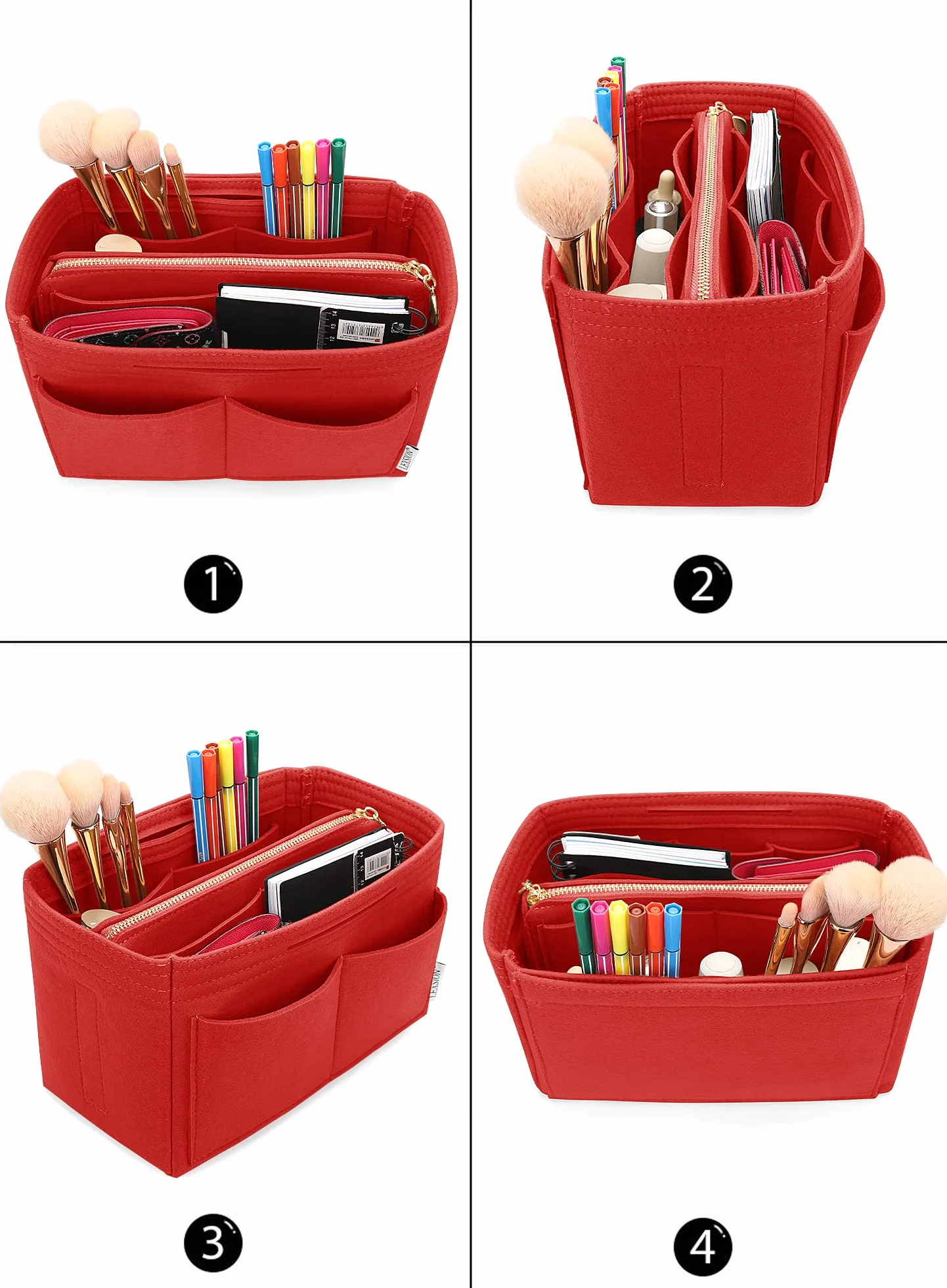 Organiseur de sac à main en feutre avec fermeture éclair pour Speedy Neverful PM MM, Rouge, M