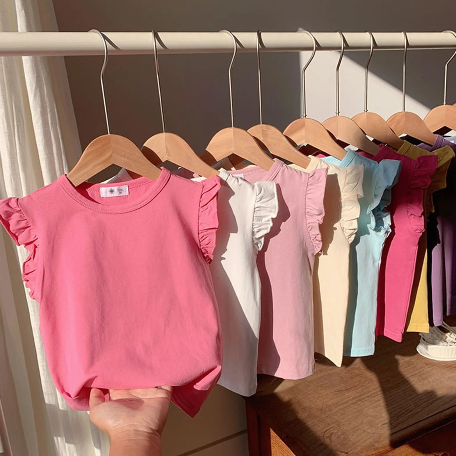 T-shirt d'été à volants pour filles en coton - Col rond - Respirant - Vêtement de danse