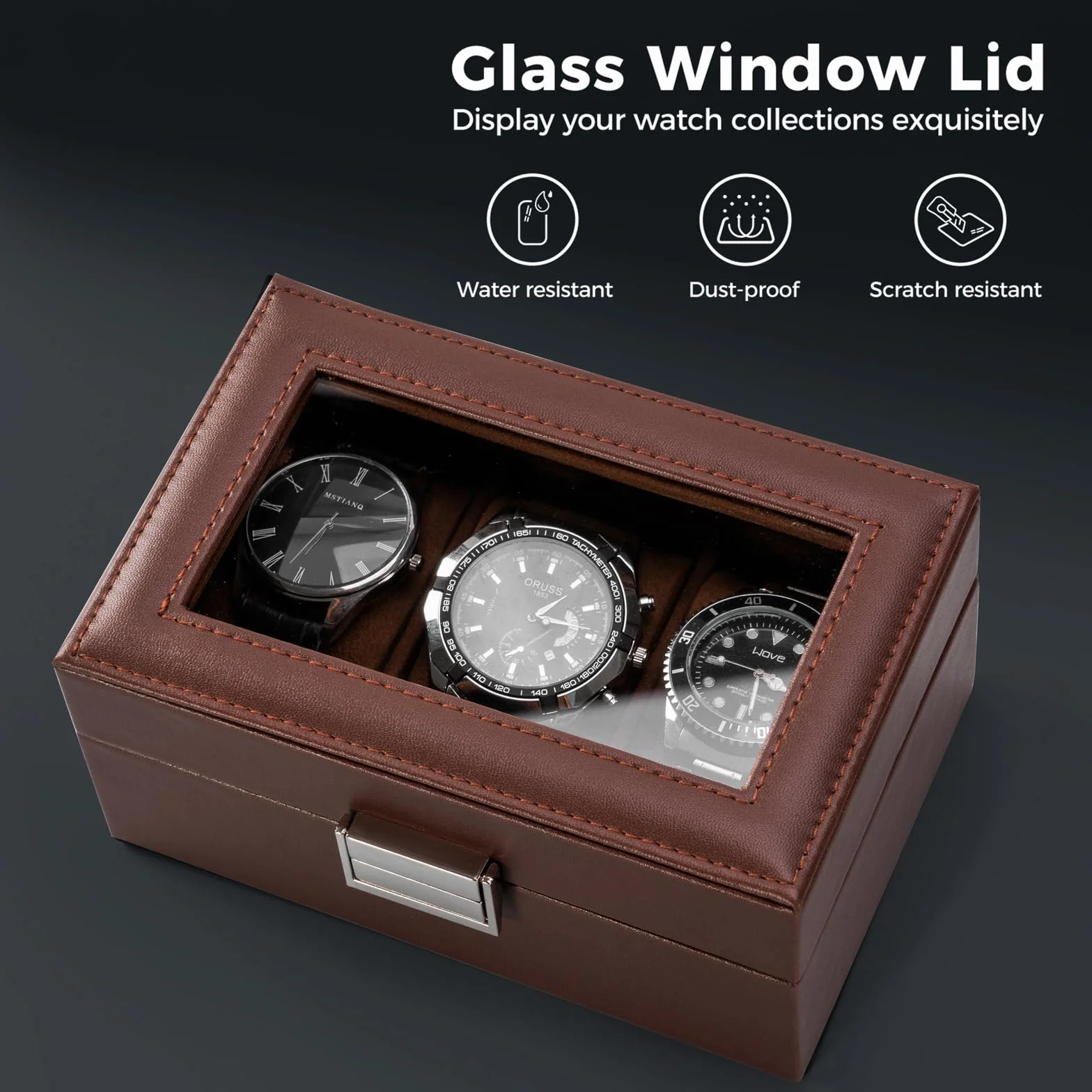 Procase Boîte à Montre Antichoc Coffret Montre Homme 3 Emplacements Coussins Rangement Couvercle Verre Marron