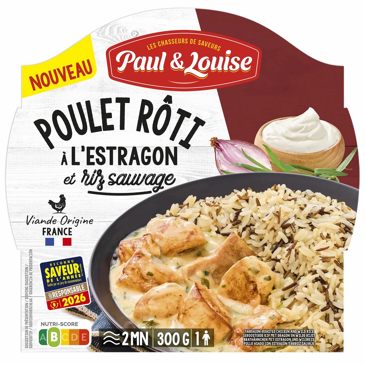 Paul & Louise - Poulet rôti à l'estragon et riz sauvage 300g - Plat Cuisiné Gourmand – Poulet Rôti Sauce Estragon – Repas Prêt à Déguster - Longue Conservation