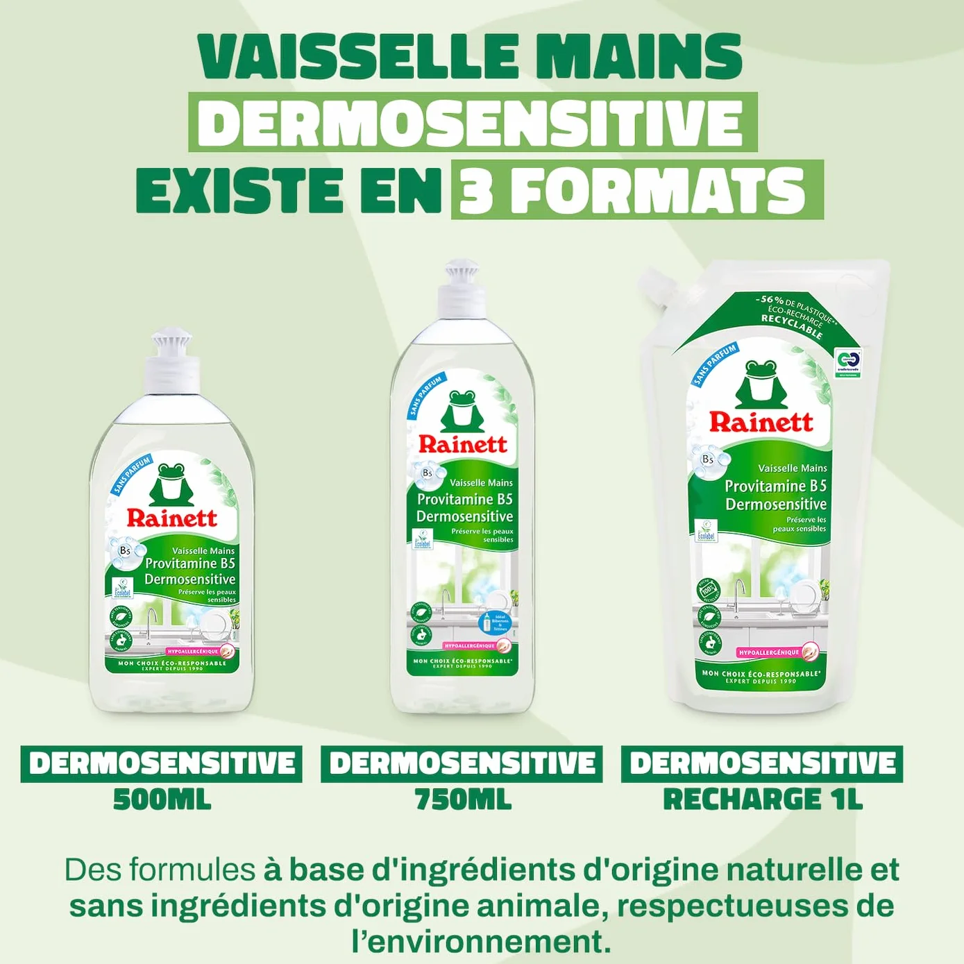 RAINETT - Liquide Vaisselle Mains Dermosensitive - Éco-Recharge 1 L - Formule Hypoallergénique - pH Neutre - Préserve les Peaux Sensibles - Poche 100% Recyclable - Ecolabel - Éco-Recharge 1 L