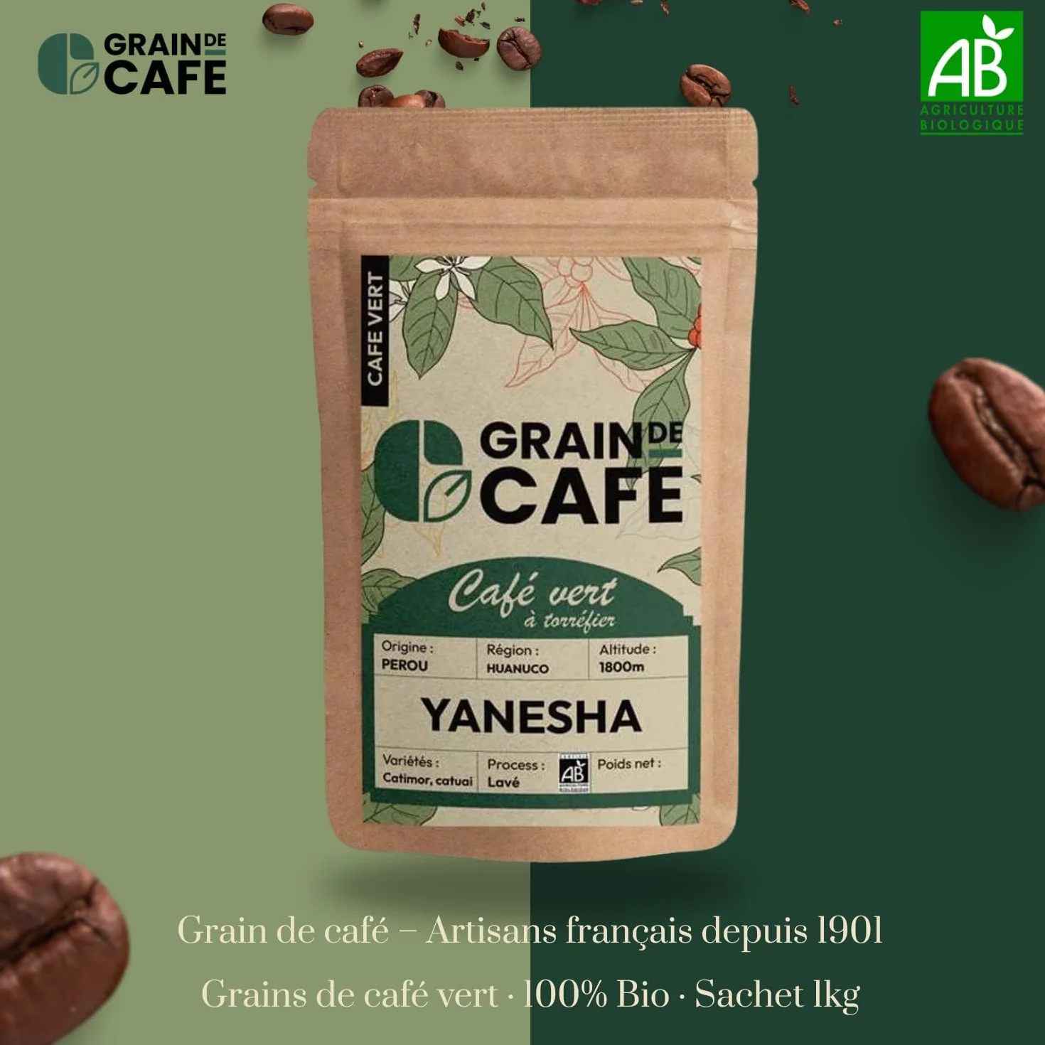 Graindecafé – Café Vert Pérou Yanesha 1kg | 100% Arabica Non Torréfié | Notes De Cacao Et Miel | Idéal Machine À Grain Une Fois Torréfié
