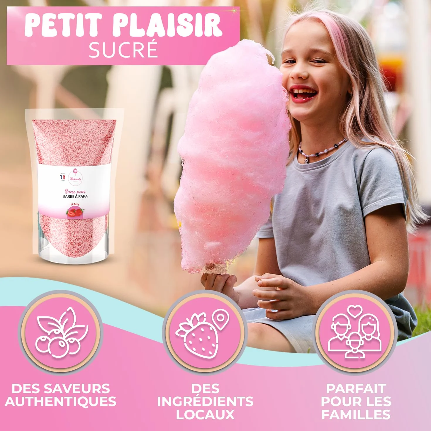 Misskandy®-Sucre Barbe à Papa pour machine- Lot de 2 * 160GR (Fraise- Framboise) / poudre barbapapa+ 10 Bâtonnets offerts - MADE IN FRANCE