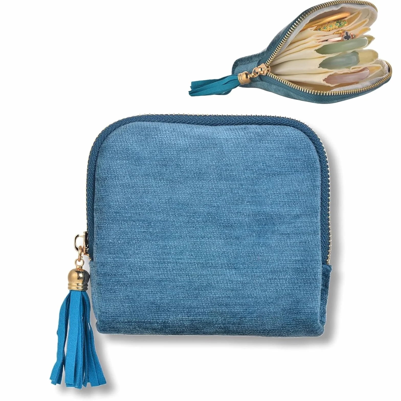 Pochette Bijoux Voyage Velours Fermeture Éclair Anti-Rayures Anti-Nœuds Colliers Bracelets Bleu Paon