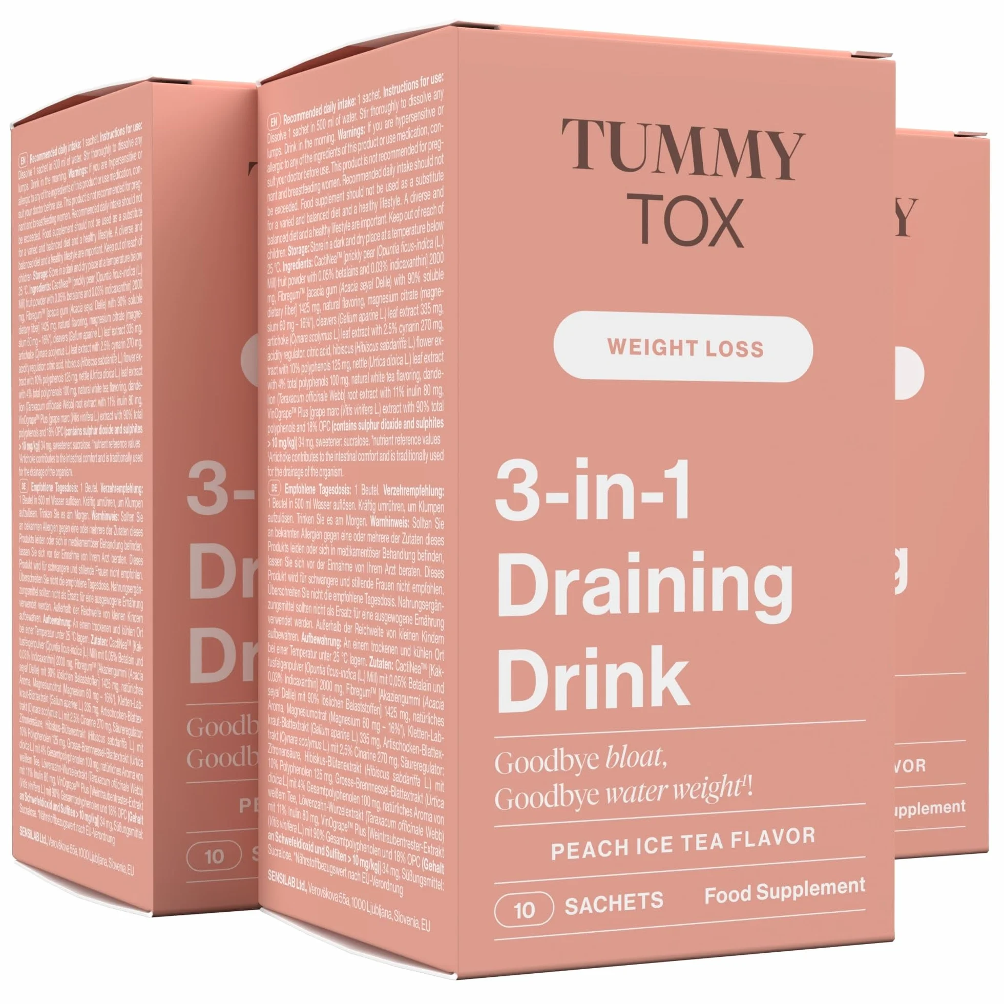 Tummy Tox Draining Drink 3-en-1 - Goût Pêche, 30 Sachets | Racine de Pissenlit, Ortie, Artichaut, Hibiscus, le Magnésium contribue à l'Équilibre Électrolytique
