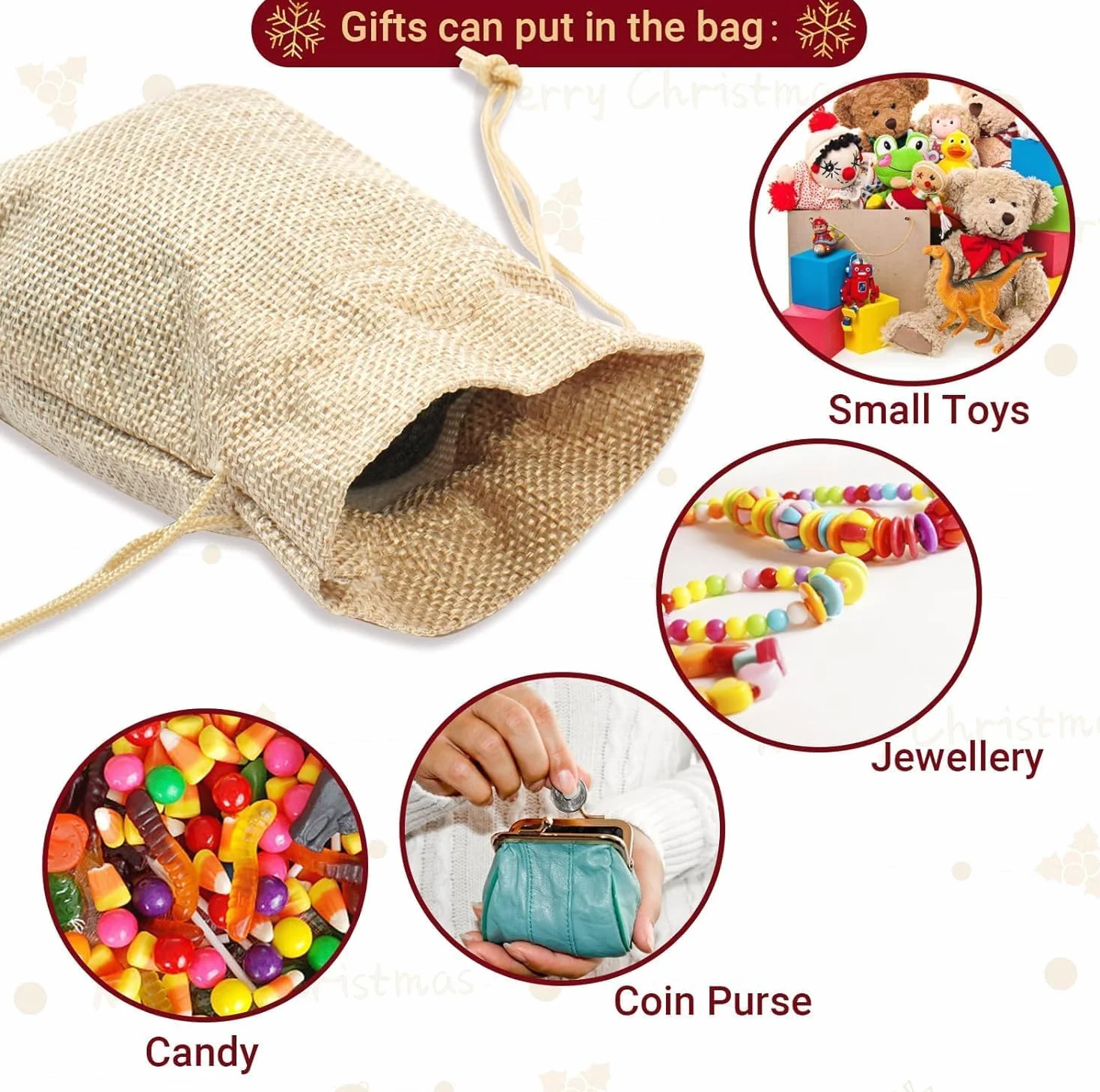Sachets en Jute 24 Pcs Sacs Cadeau avec Cordon Réutilisables Pochette Tissu Lin Autocollants Cœur Étiquettes