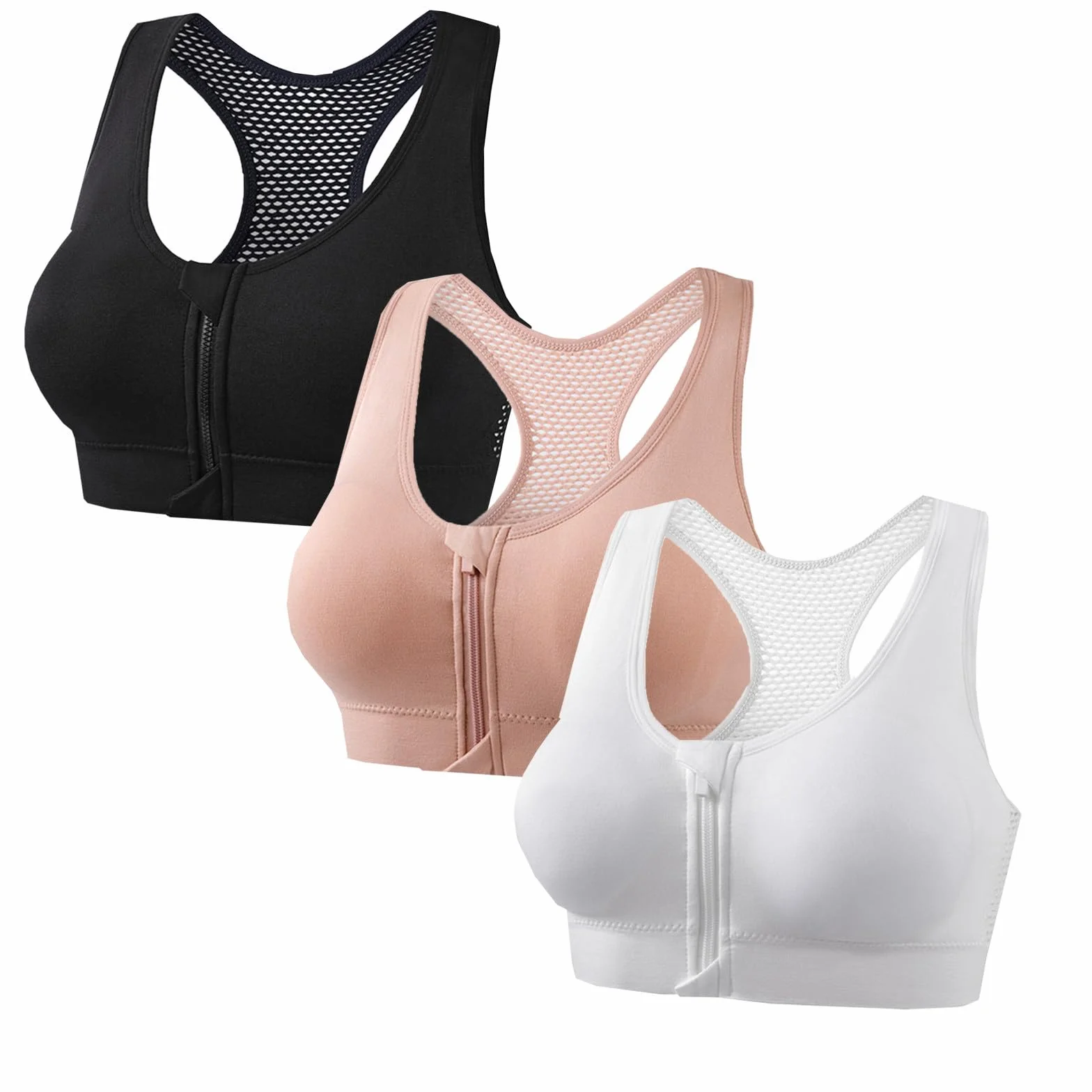 Lot de 3 Paires Soutien Gorge sans Armature Brassiere Sport Femme Maintien Fort Fermeture Devant Zippée Push Up Légère Bretelles Croisées Dos Tailles S à 4XL