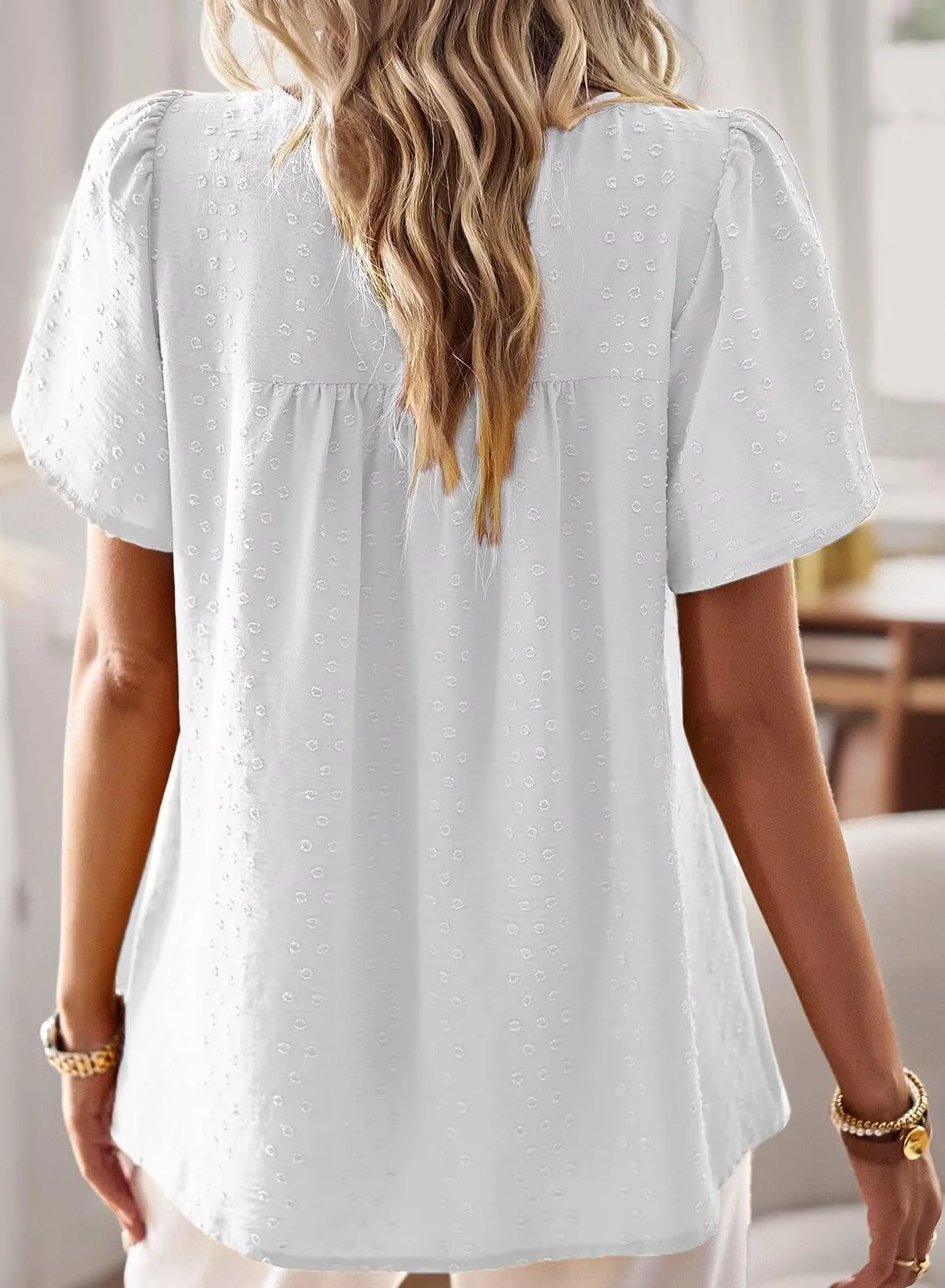 Chemisier Boho Femme Manches Courtes Col Rond Dentelle Tunique Fluide Tops Chic