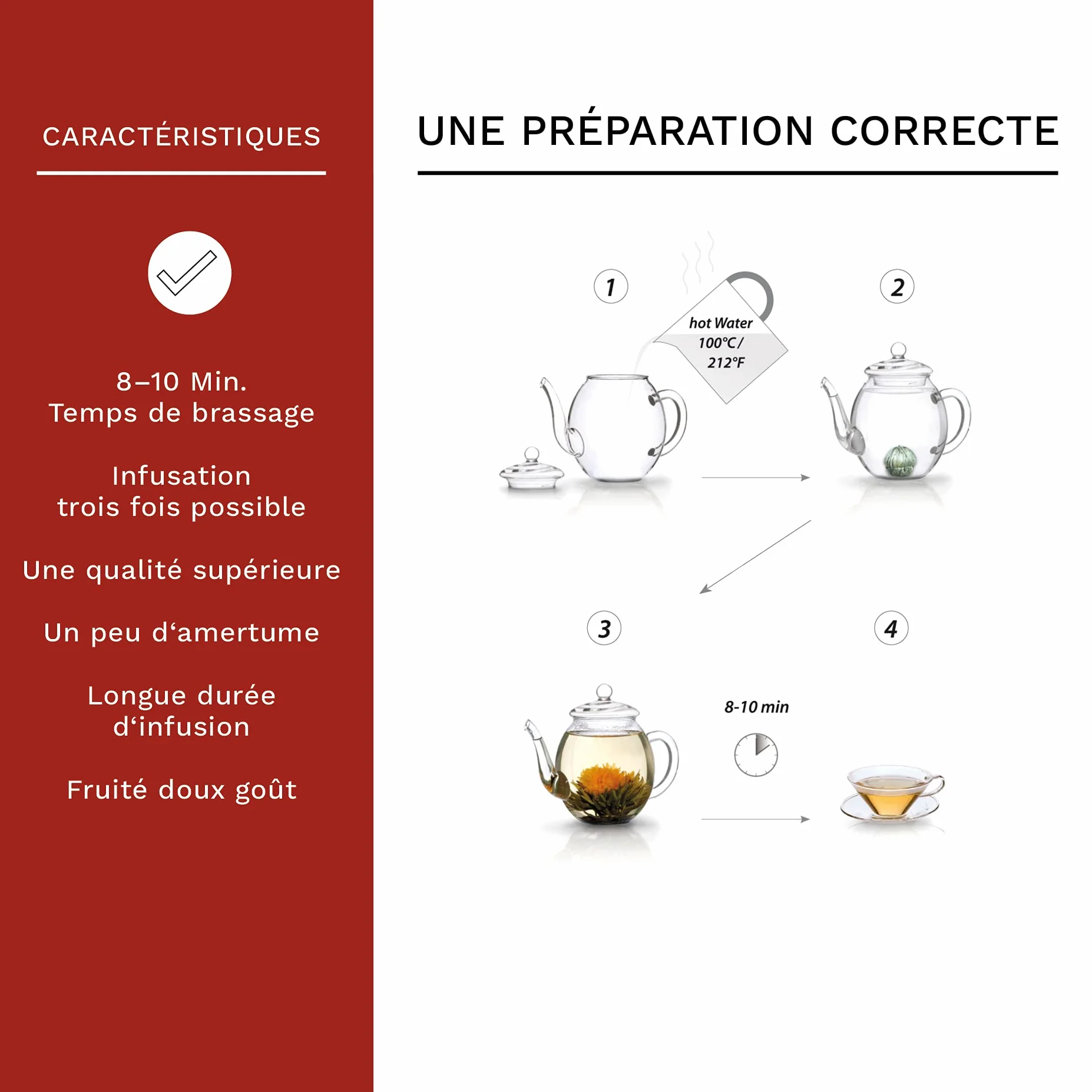 Creano – Coffret Fleur de Thé 6 pcs + Théière verre 500 ml sans goutte + 2 Tasses de thé 200 ml soufflées à la bouche – 6 variétés de thé blanc, idée cadeau – Thé en Fleurs