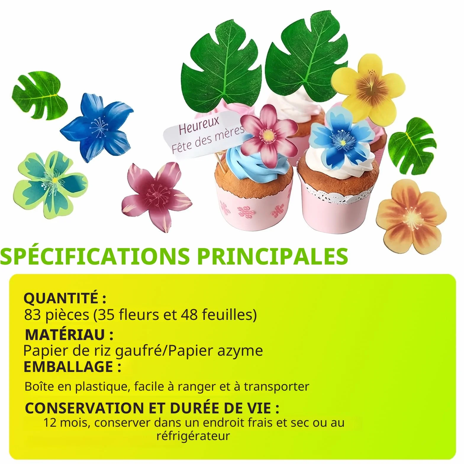 Lot de 83 décorations de gâteau en papier comestible : 35 fleurs comestibles, 48 feuilles comestibles pour cupcakes, décorations d'anniversaire jungle, idéales pour les fêtes hawaïennes et les