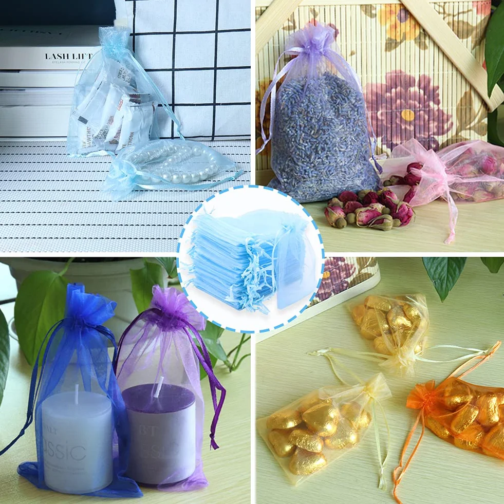 Sacs Organza Bleu Clair 10x15cm 100PCS avec Cordon de Serrage pour Bijoux Cadeaux