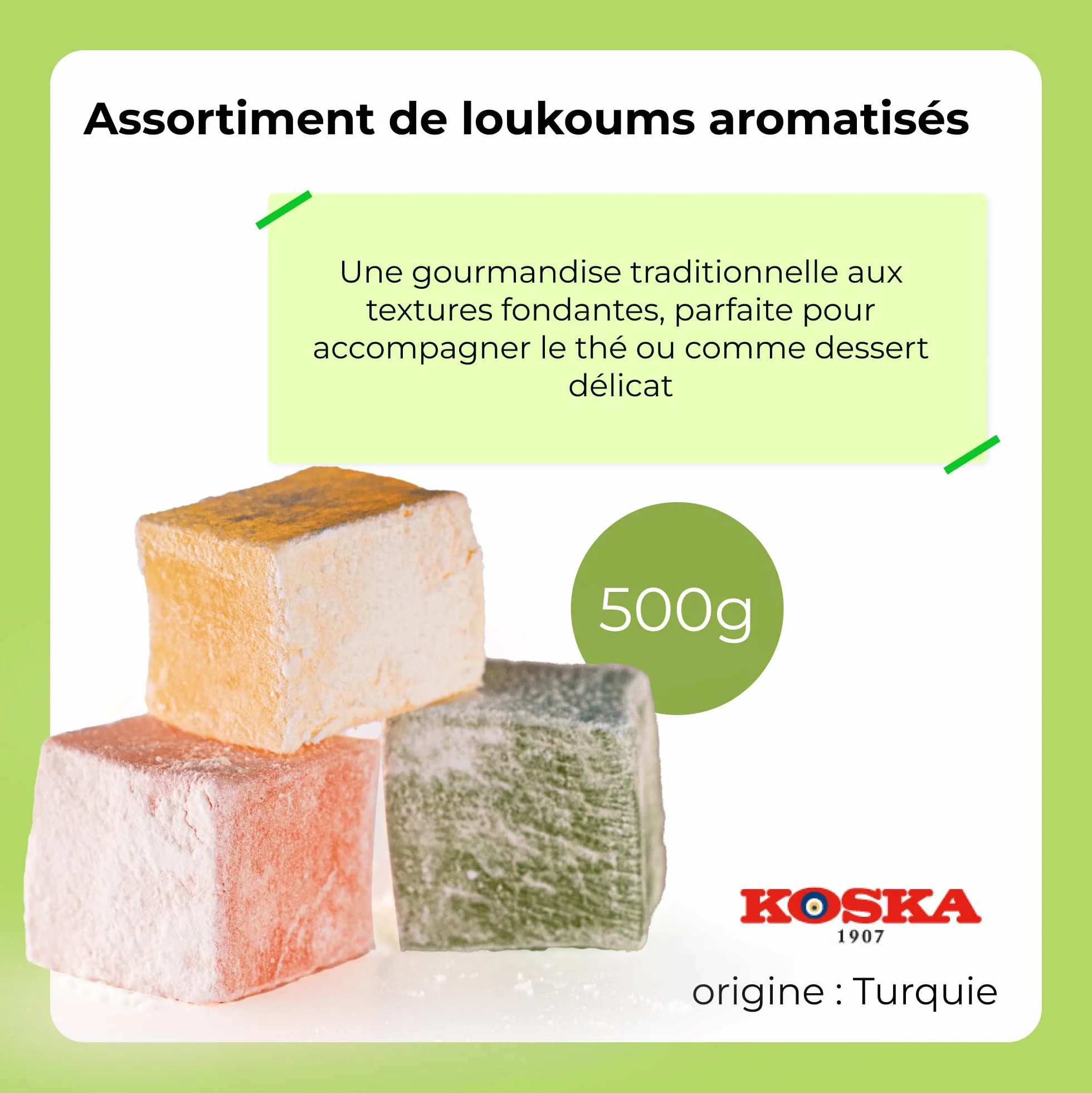 Loukoums aux différentes saveurs 500 g I Délice turc au goût de Rose, citron, orange, menthe | Confiserie traditionnelle | Vegan | Halal | Casher | bonbons mous Dessert Lokum | Sans Gluten